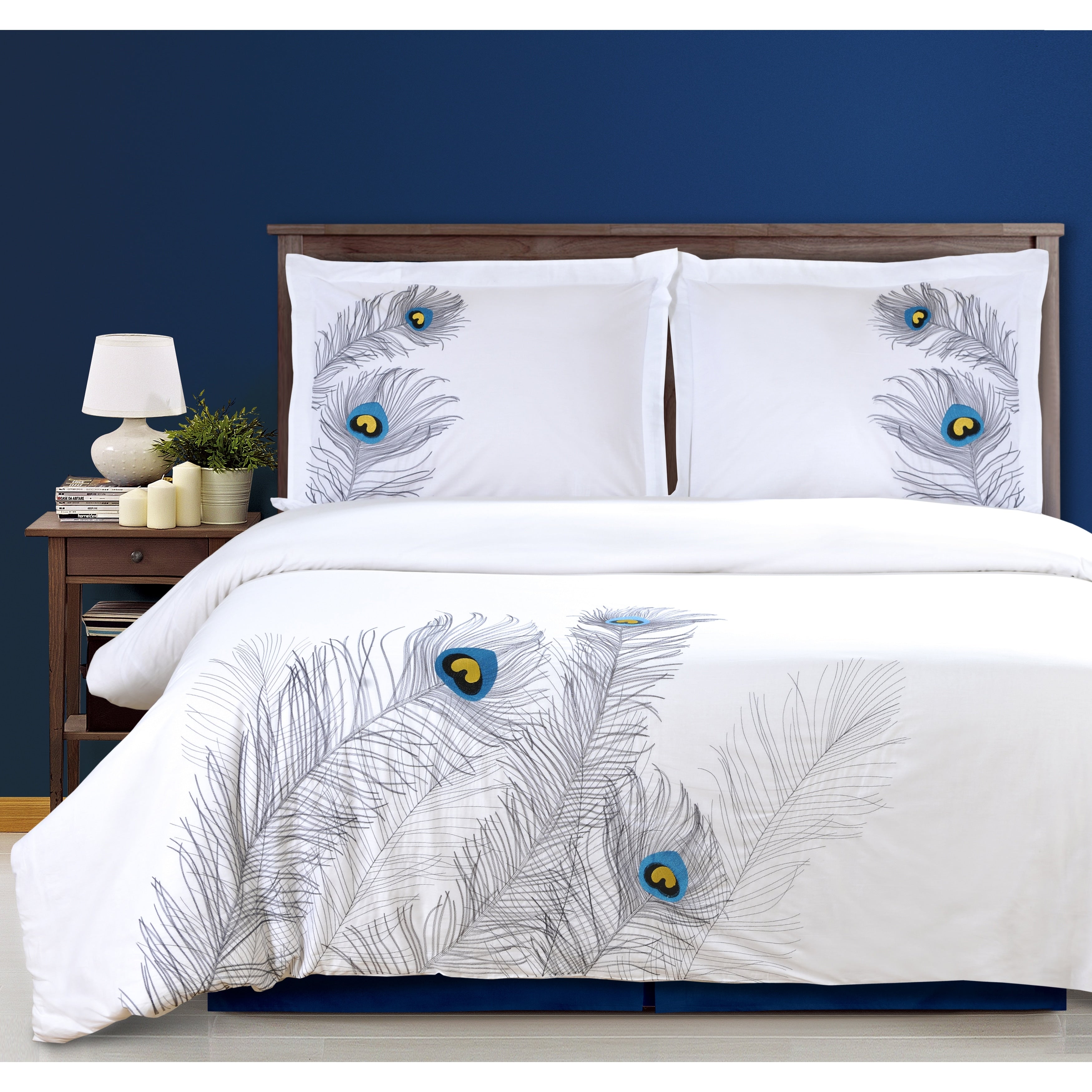 Superior Peacock 3 Piece Embroidered Cotton Duvet Cover Set