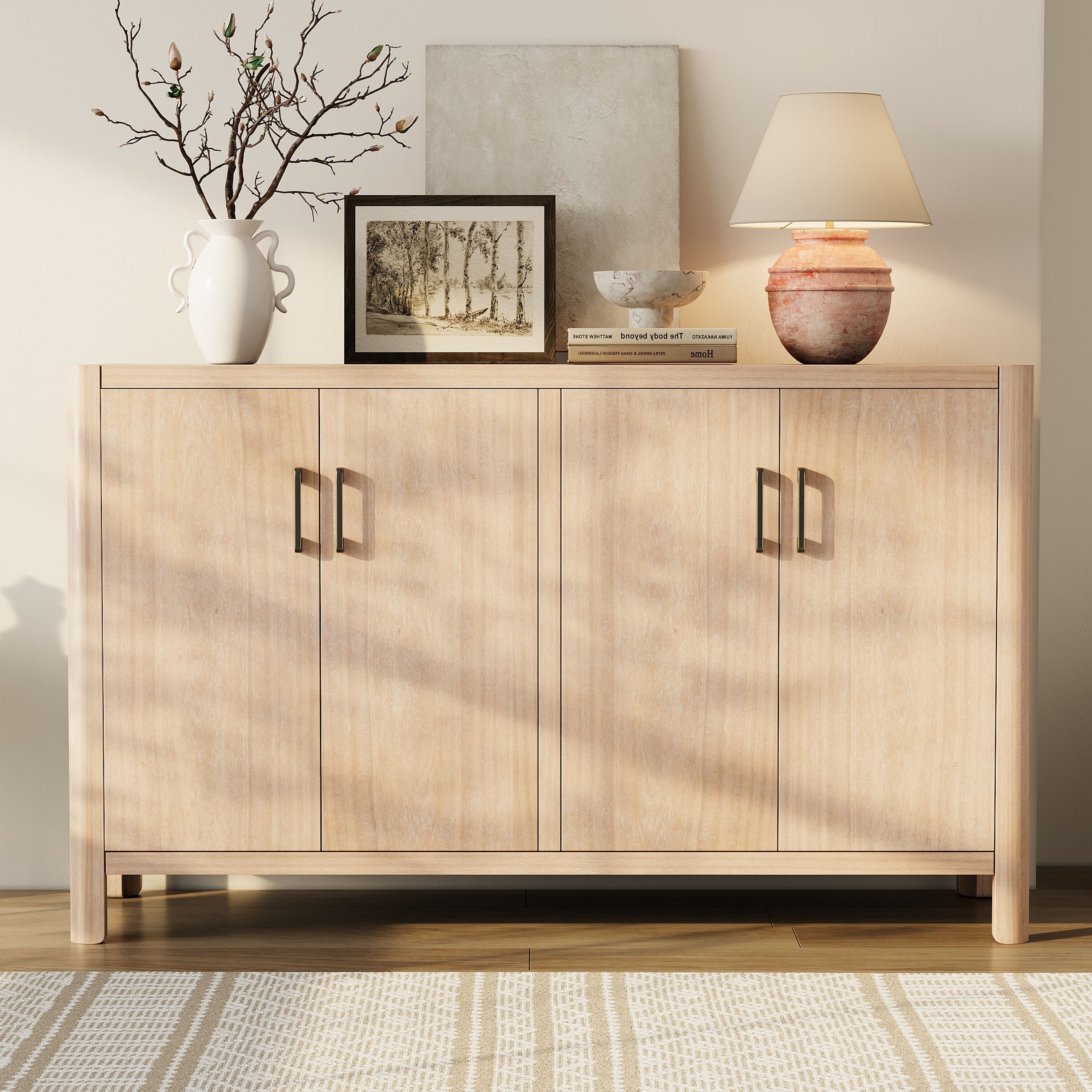 Mirod Farmhouse Style 4 Door Cabinet With Natural Distressed Finish