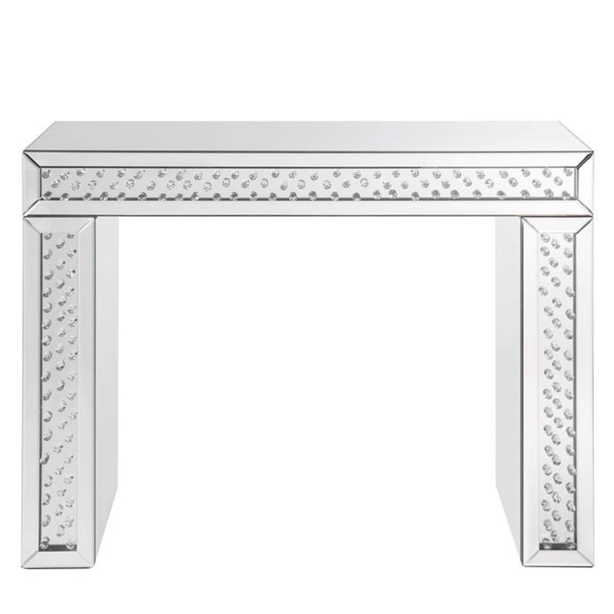 Mirror Accented Wood And Glass Vanity Desk With Faux Crystal Inlay Silver