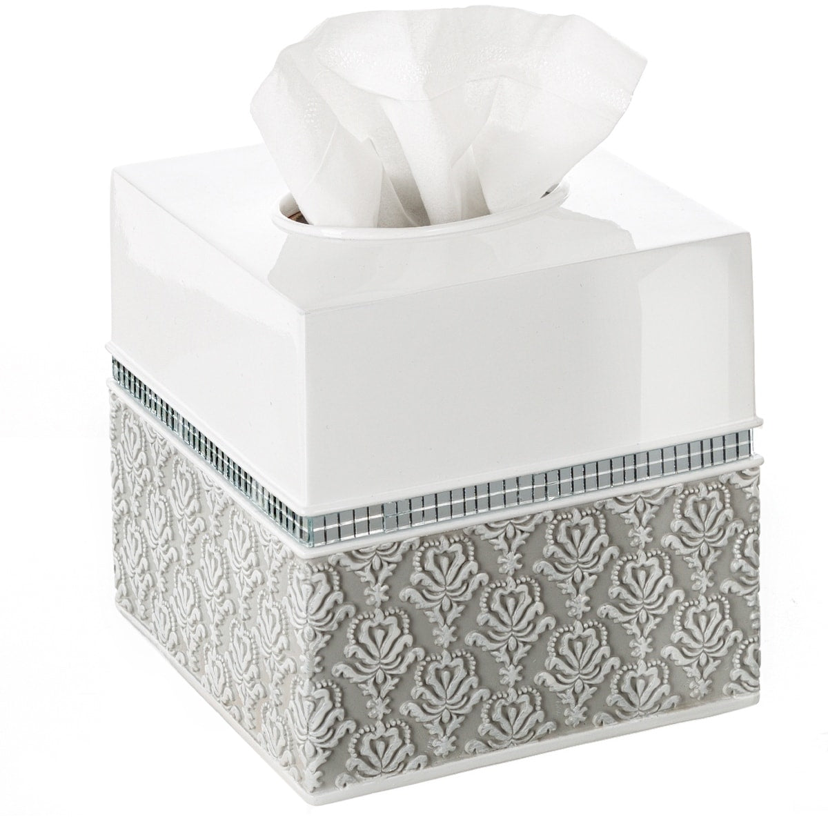 Mirror Damask Square Tissue Box Cover Bottom Slider White Gray