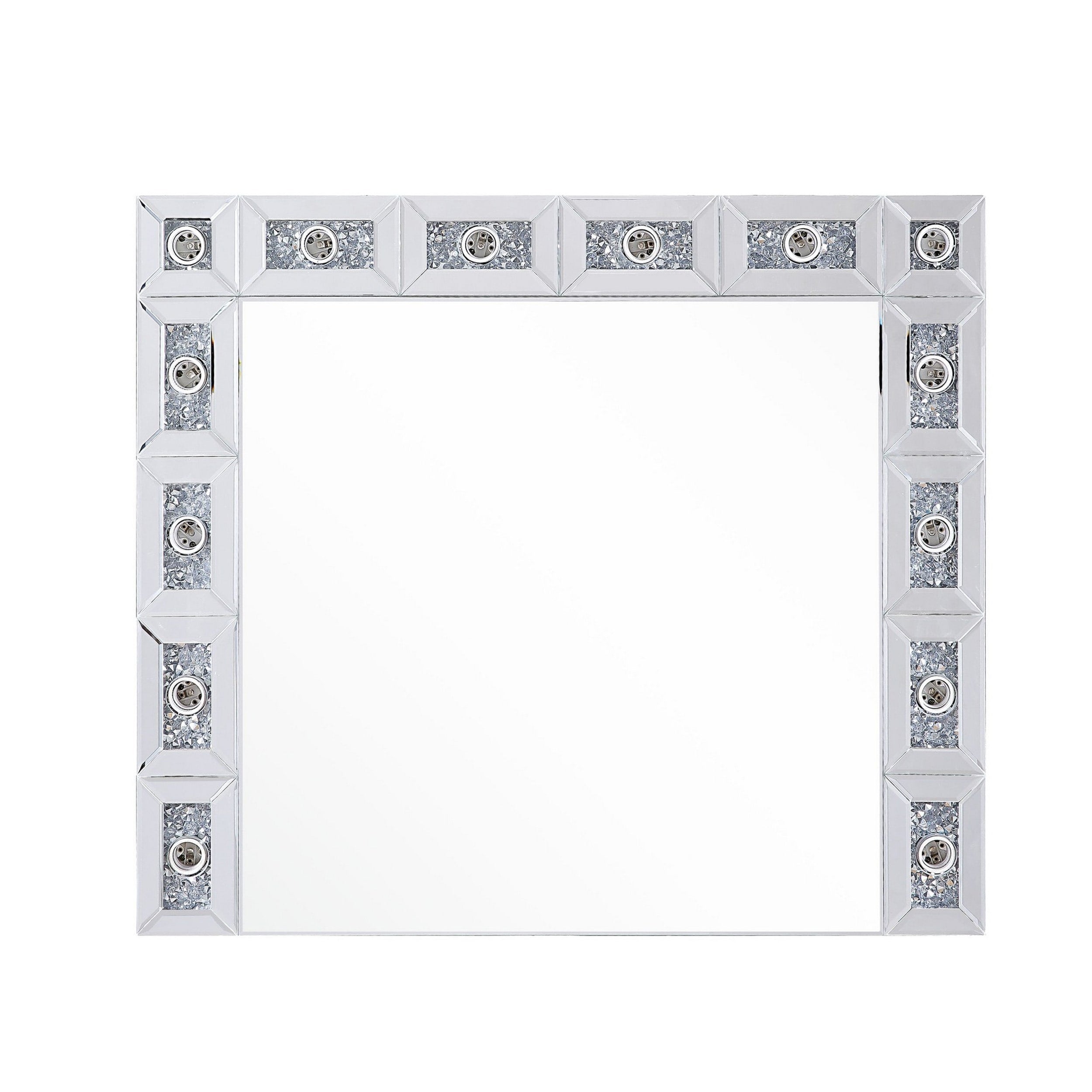 Mirror Panel Frame Wall Decor With Light Function And Faux Diamond Silver