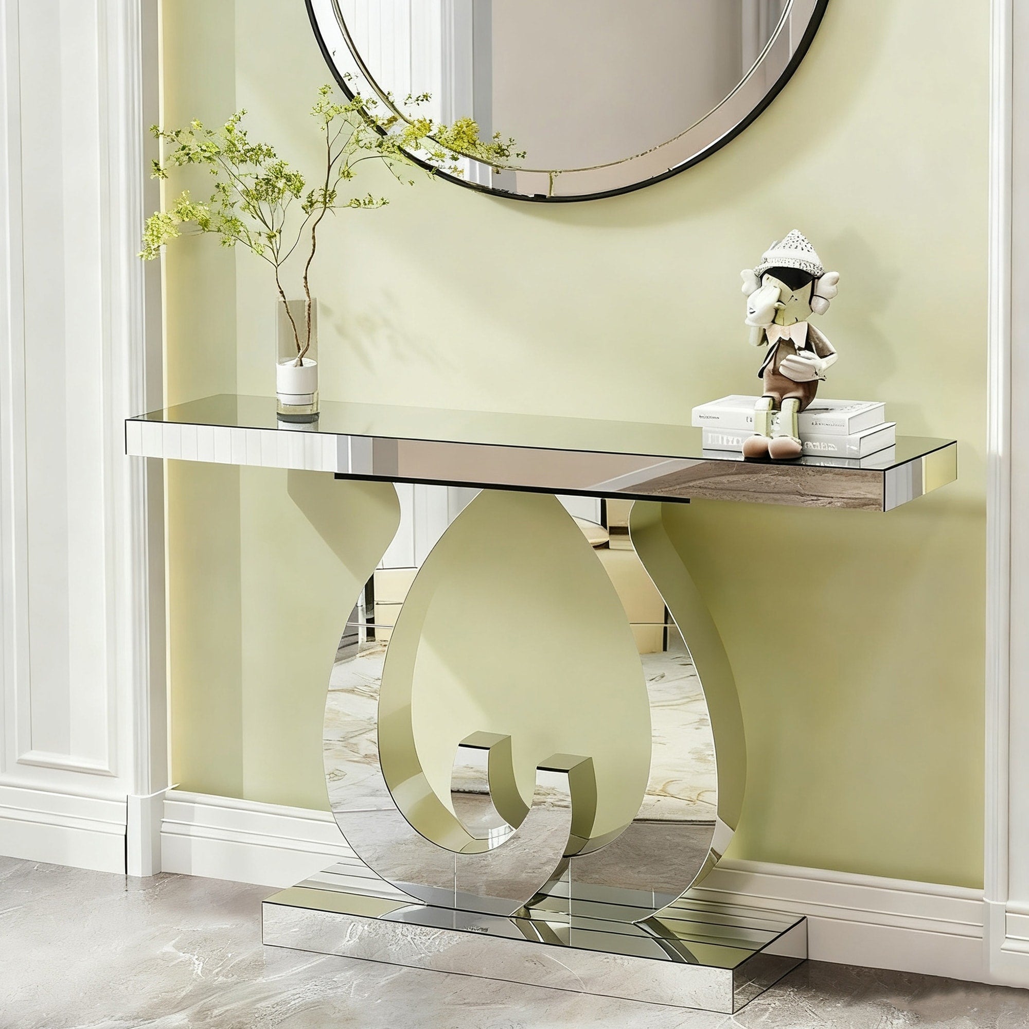 Mirror Side Table Glass Sofa Table With Mirror Effect Entrance Table Double C Shaped Base Rectangular Decoration Hall Table