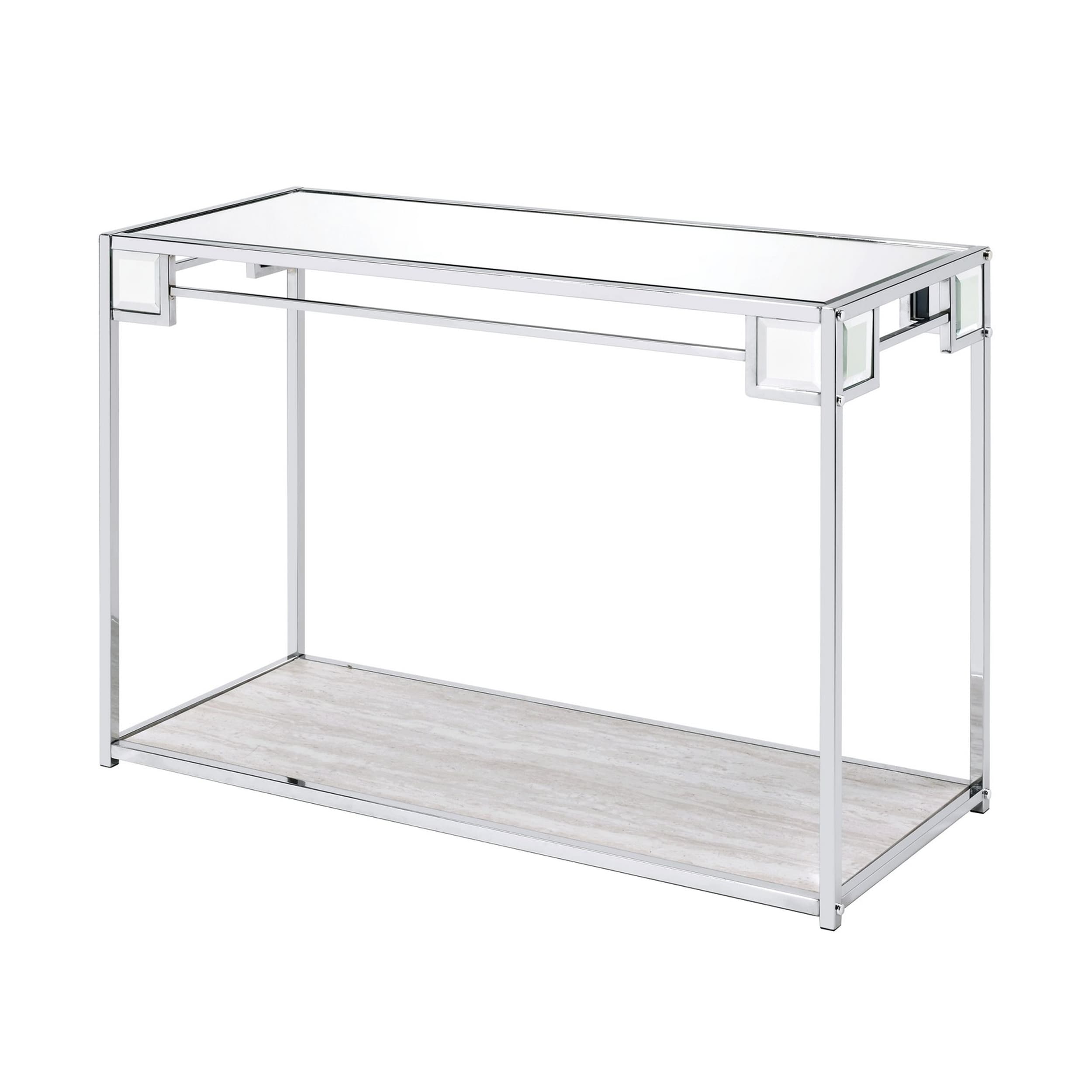 Mirror Top Metal Console Table With Wooden Open Bottom Shelf Silver
