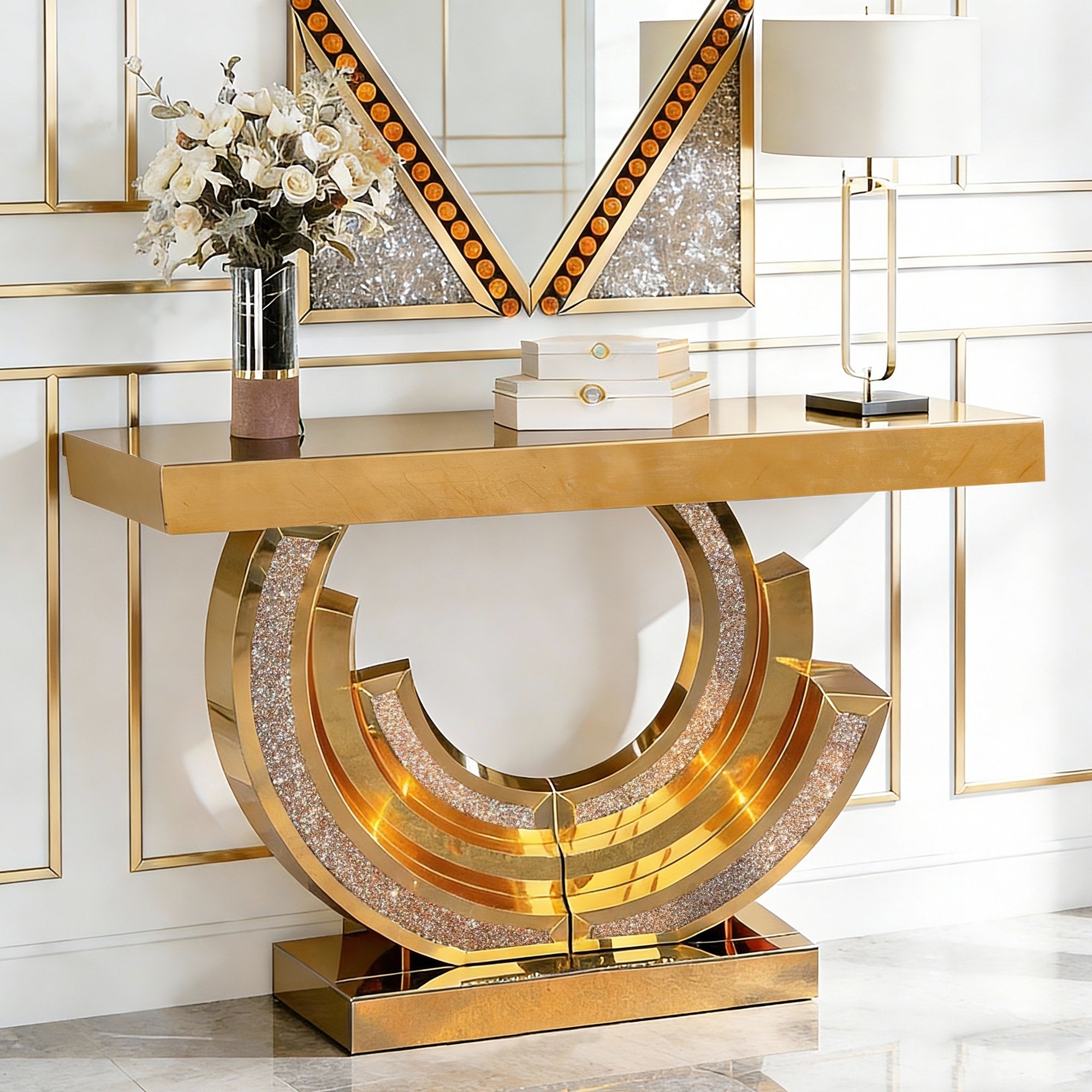 Mirrored Glass Console Table With Diamond Inlay For Home Decor
