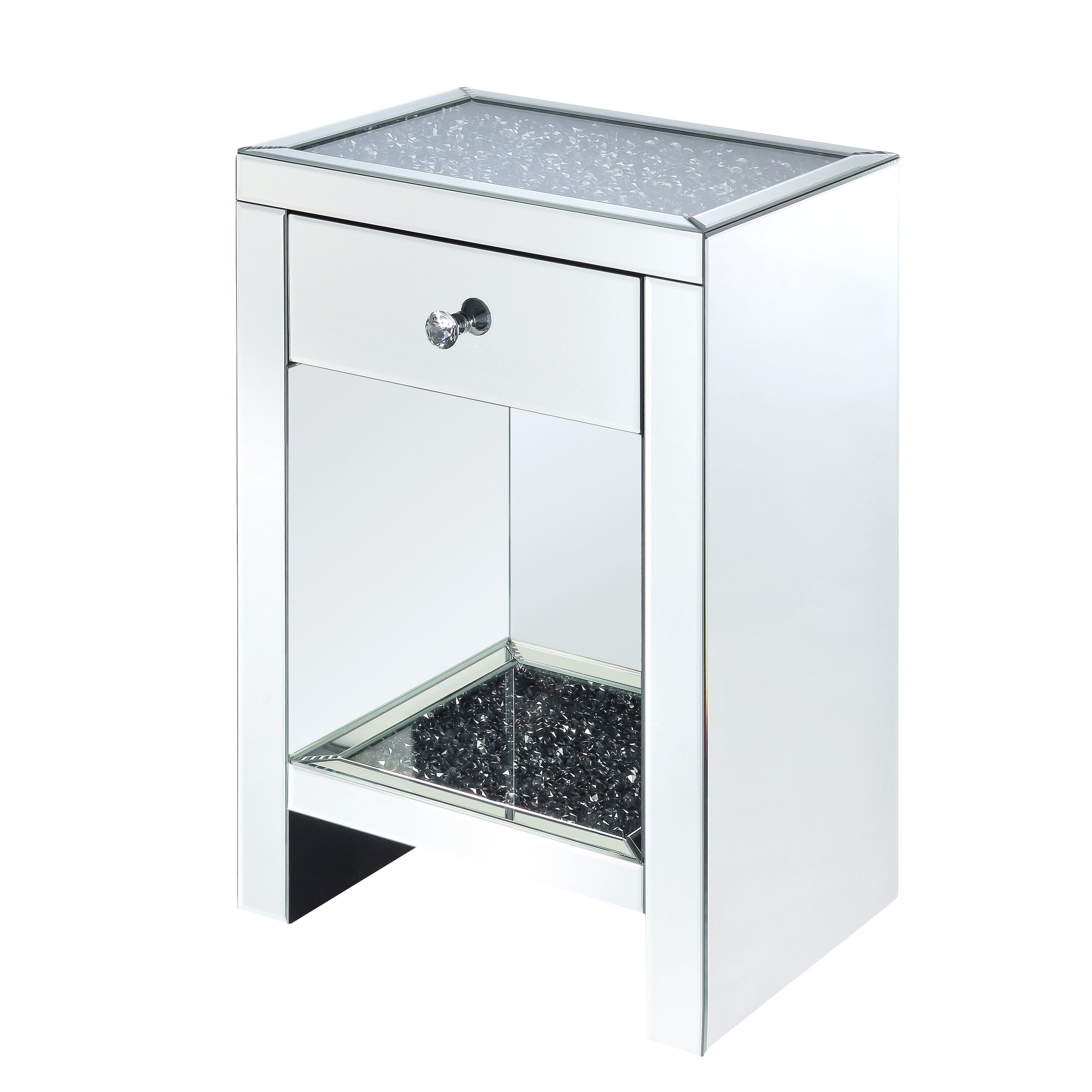 Mirrored Wooden Night Table With 1 Drawer And Bottom Shelf Silver