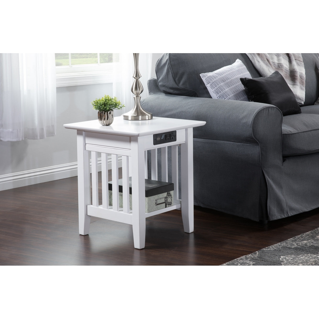 Mission End Table With Charging Station In White
