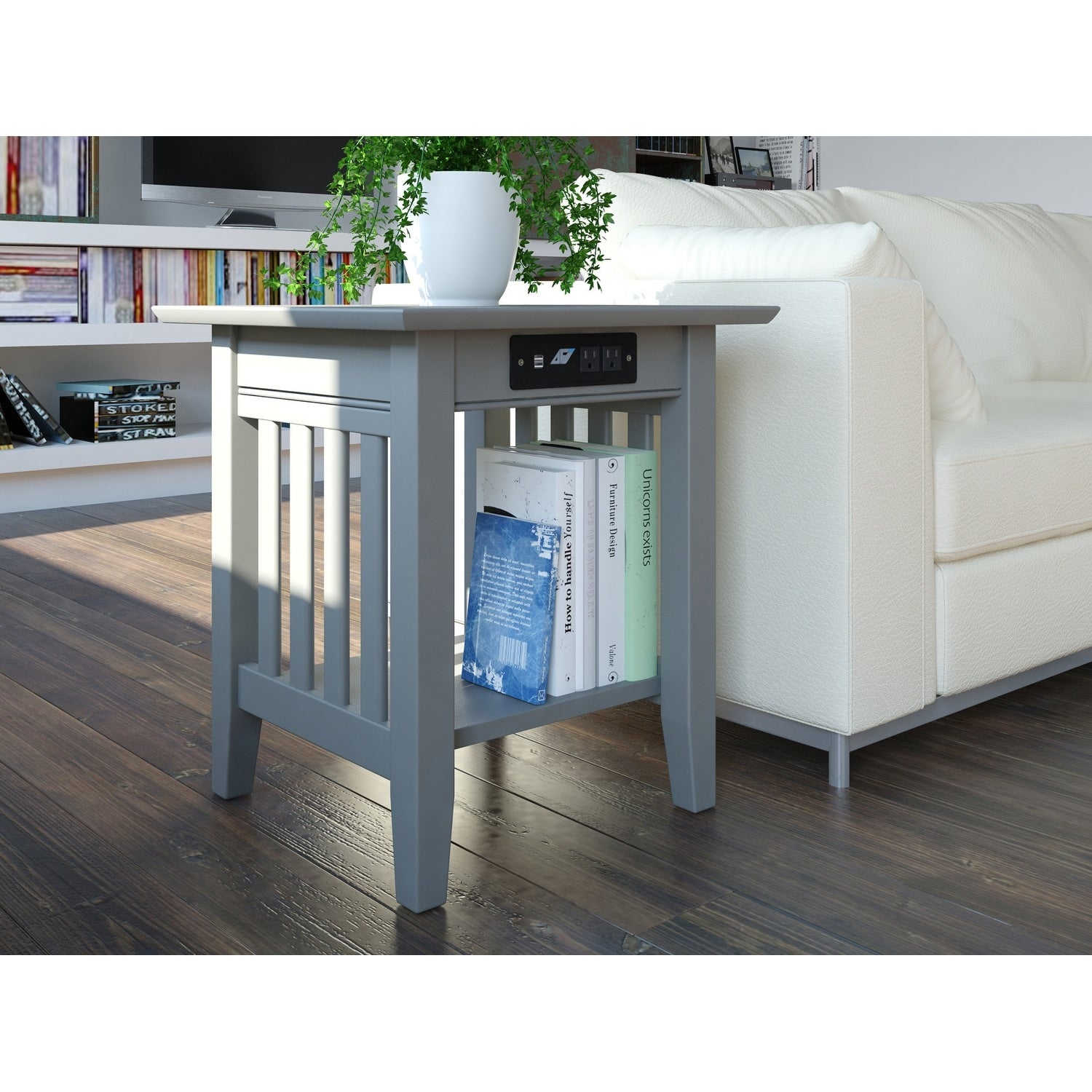 Mission End Table With Charger Grey