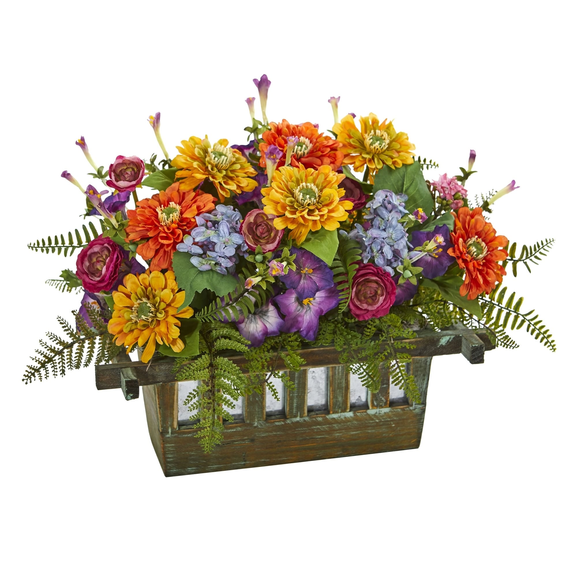 Mixed Floral Artificial Arrangement In Rectangular Wood Planter H 14 In. W 20 In. D 13 In