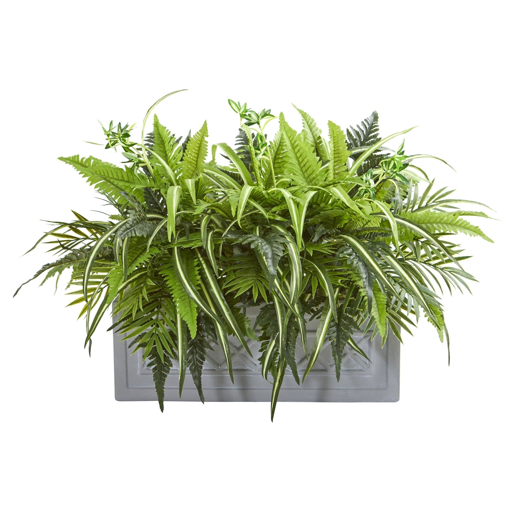 Nearly Natural Mixed Greens And Fern Artificial Arrangement In Stone Planter