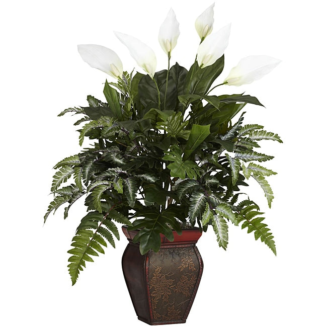 Mixed Greens And Spathyfillum Decorative Vase Silk Plant