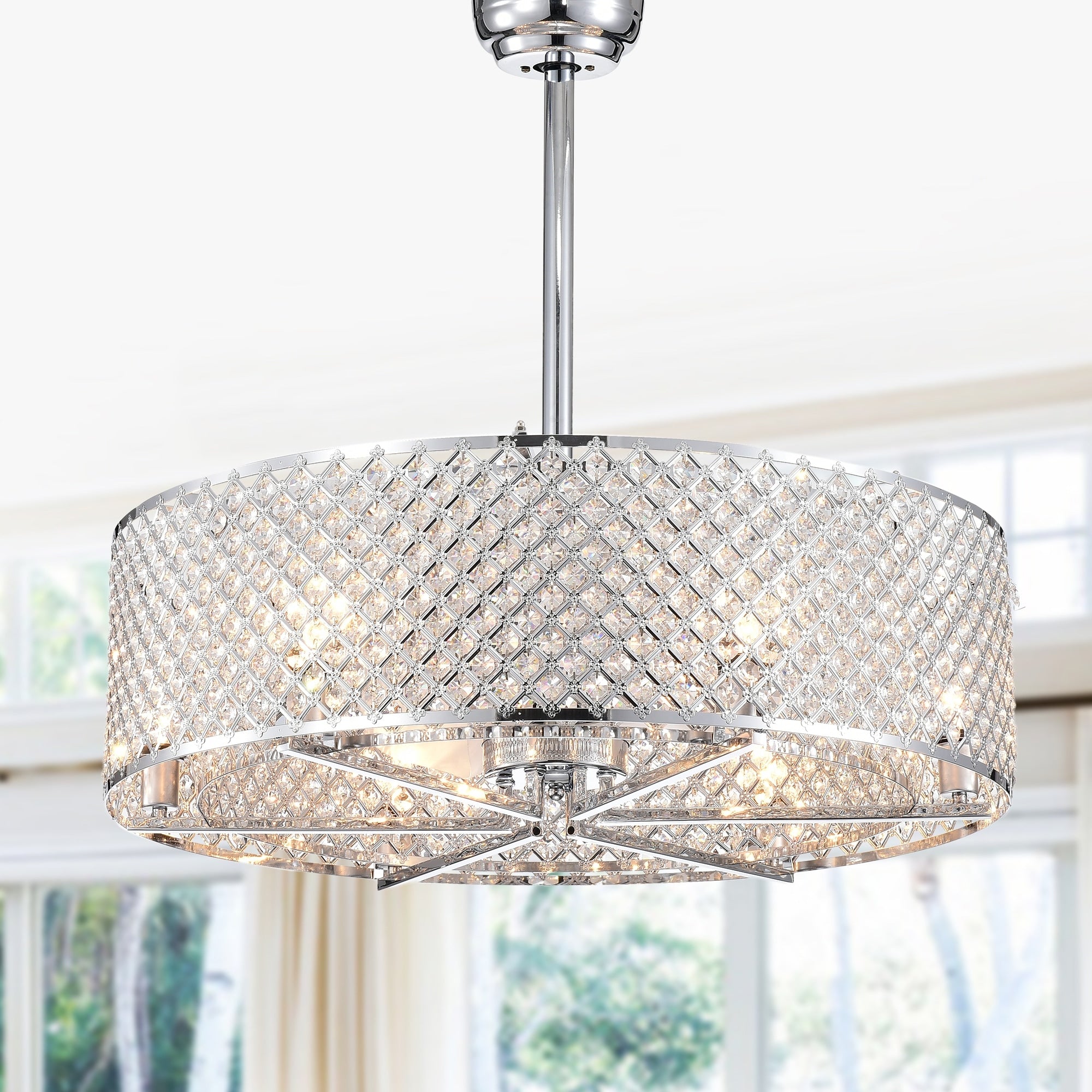Miyaka Chrome 6 Light 3 Blade 29 Inch Lighted Ceiling Fan With Crystal Shade Remote Controlled