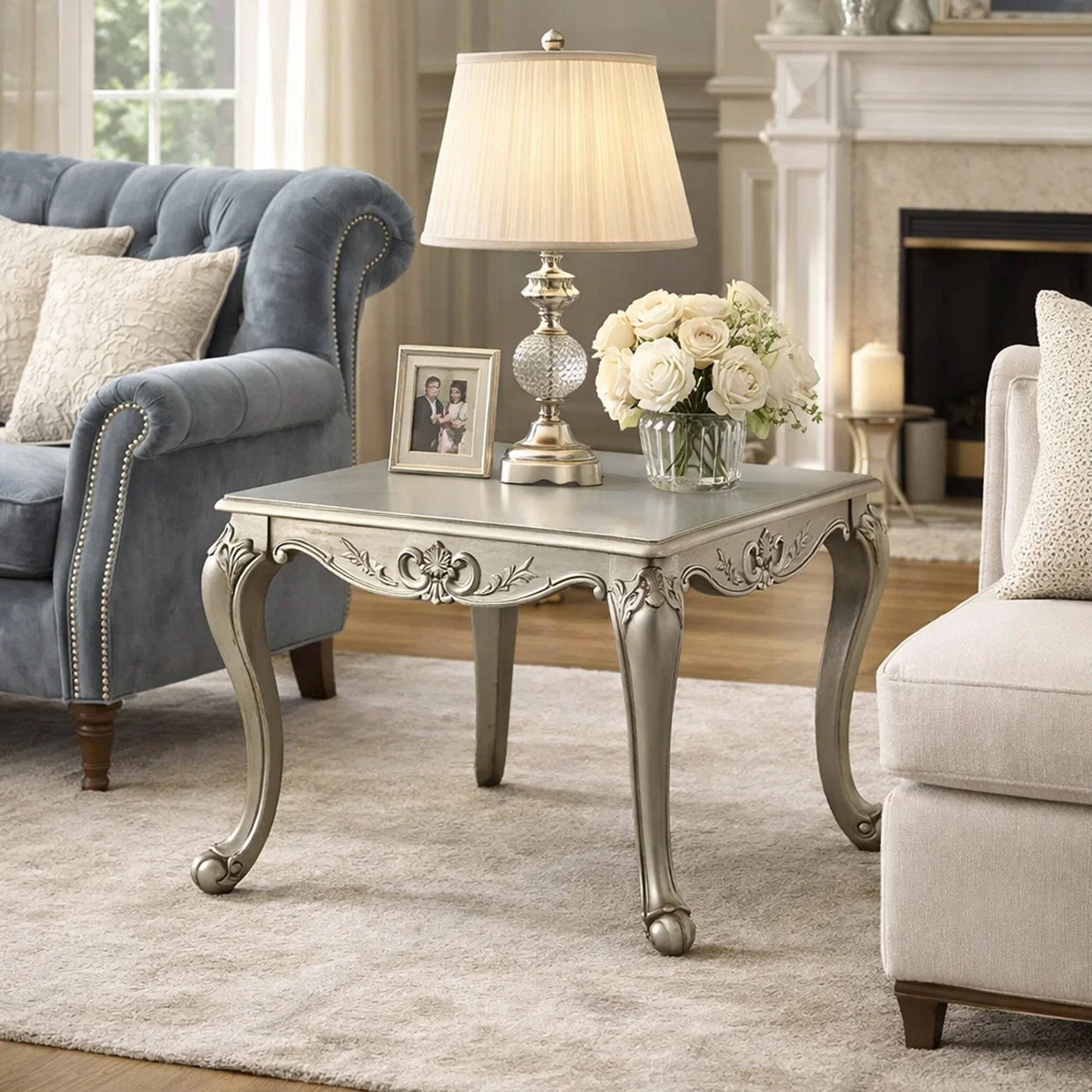 Miz Side End Table 28 Inch Carved Cabriole Legs Champagne Silver