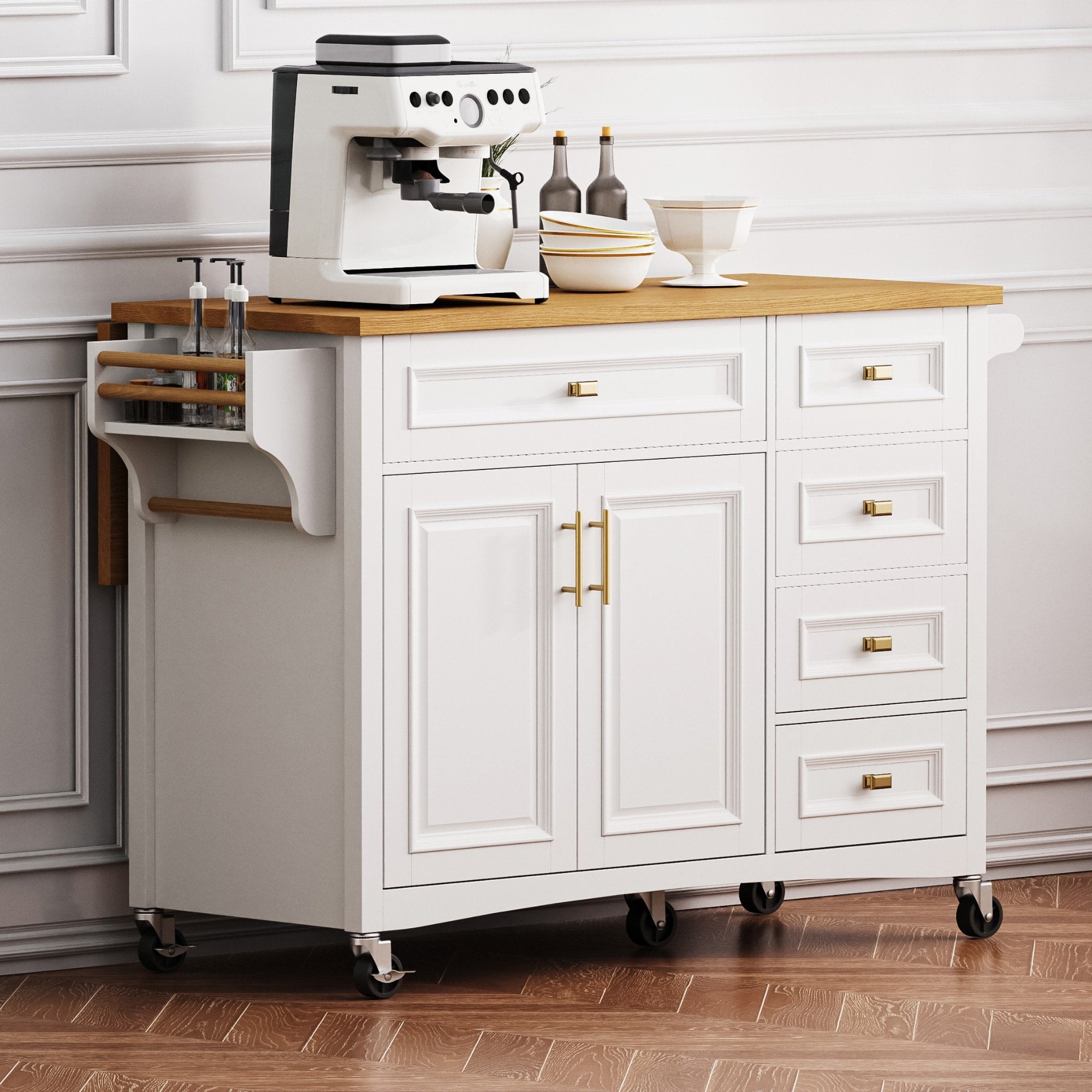 Mobile Kitchen Island With Five Drawers Adjustable Shelf And Spice Rack