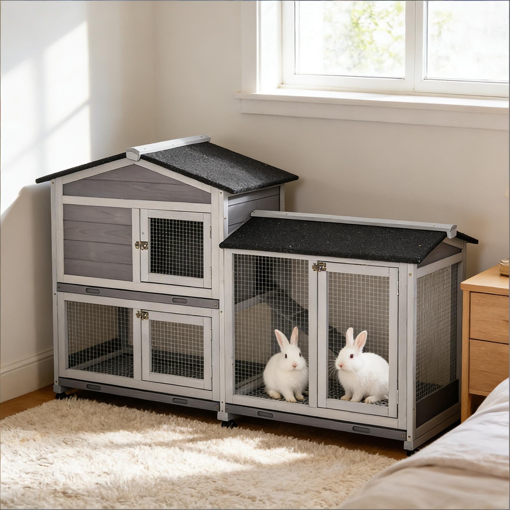 Mobile Pet Hutch Wooden Rabbit Hutch Is Designed For Convenient Cleaning Black Light Grey