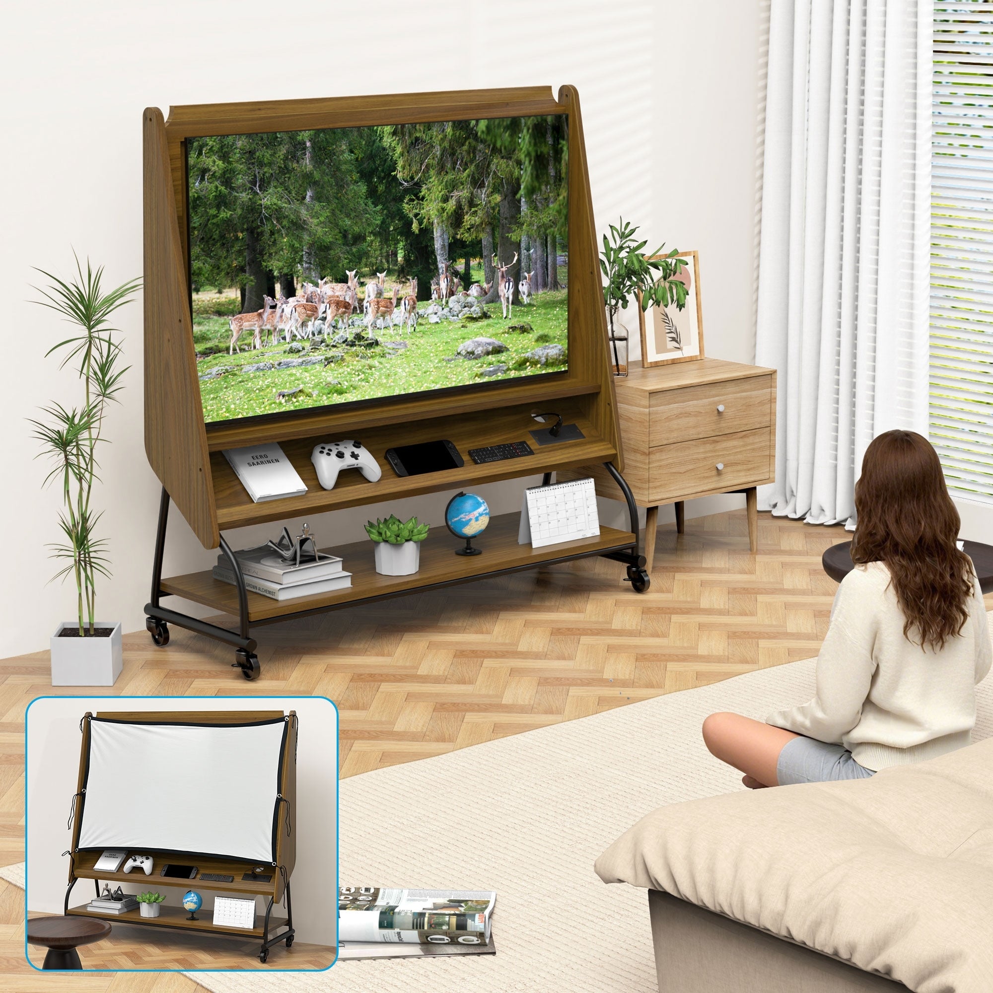 Mobile Tv Stand With Mount For 32 50 Tv With Projector Screen Power Outlets Adjustable Rolling Tv Cart