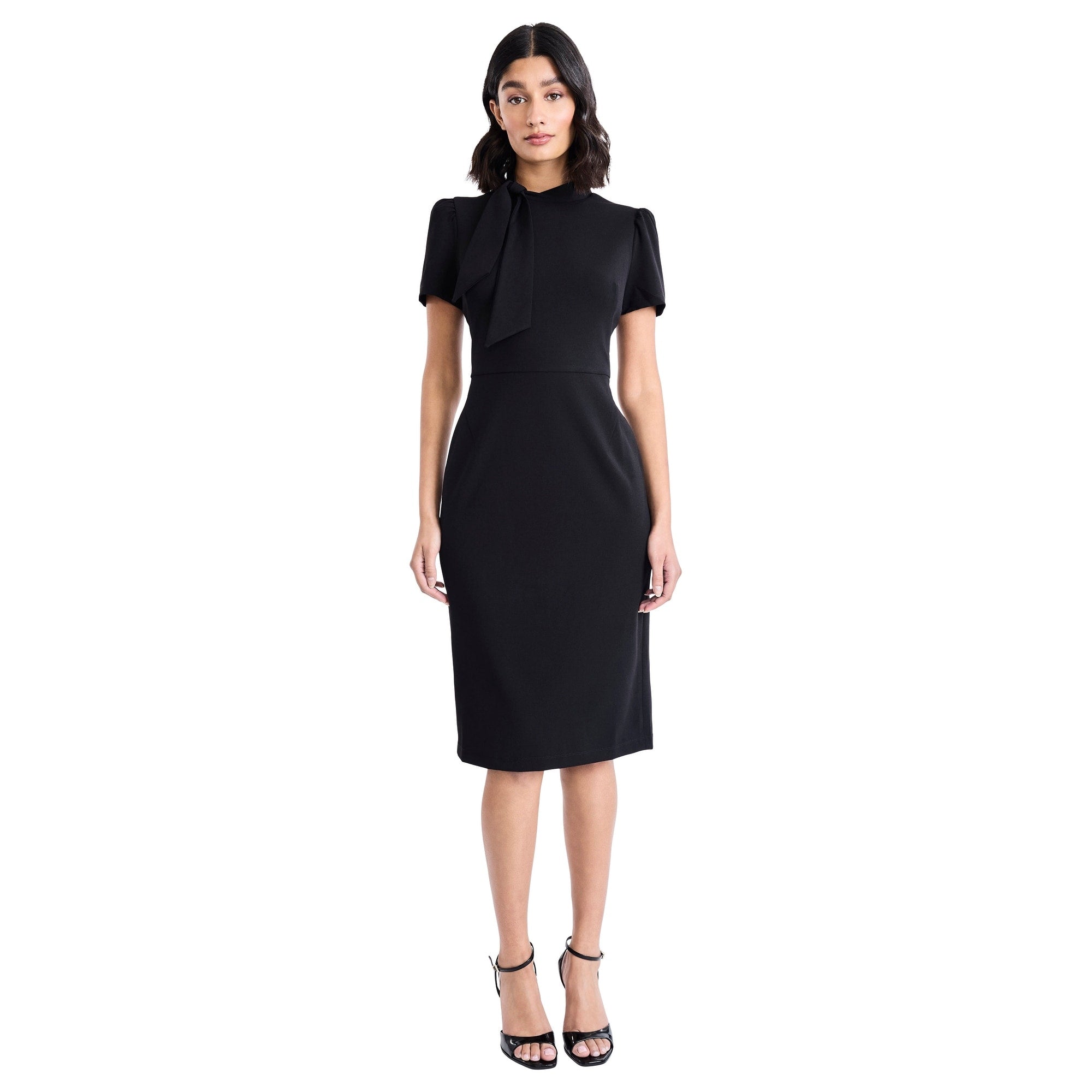 Mock Neck Short Sleeve Sheath Dress With Tie Neck Detail And Back Zipper