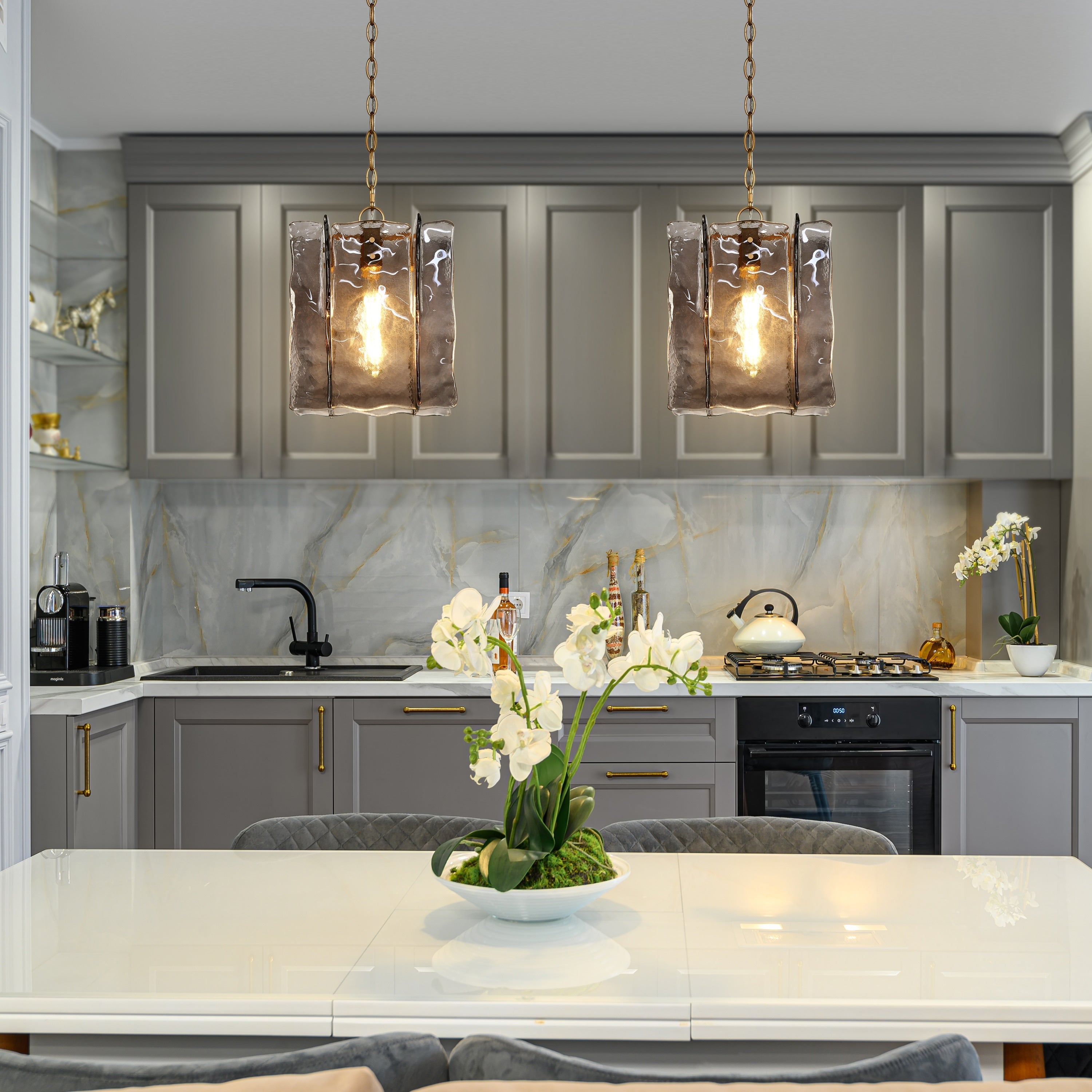 Modern 1 Light Gold Pendant Light Handcrafted Smoky Gray Textured Glass Kitchen Island Dining Space Light 11.8 W 15 H