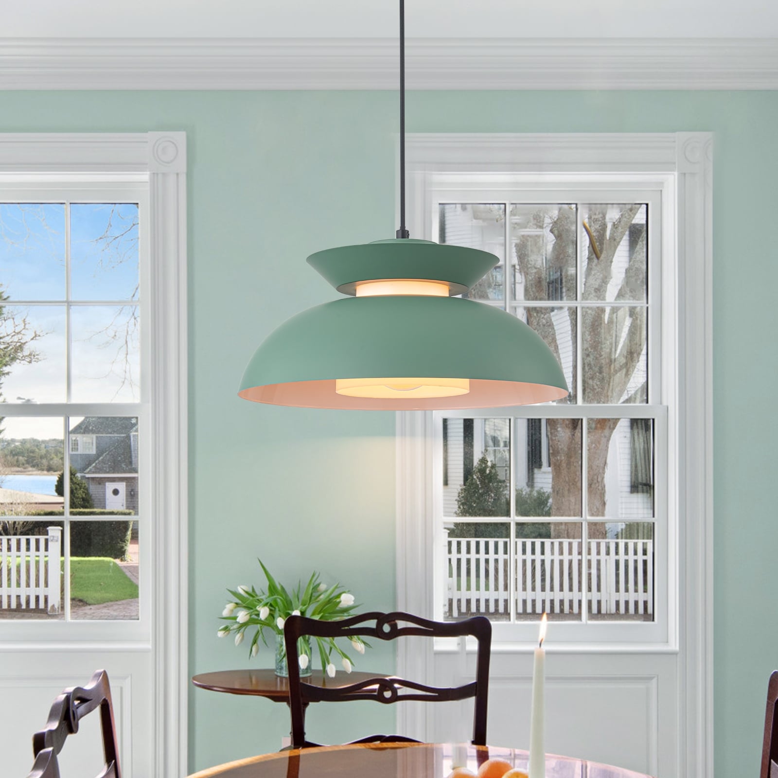 Modern 1 Light Green Dome Pendant Light With Decorative Wood Accent
