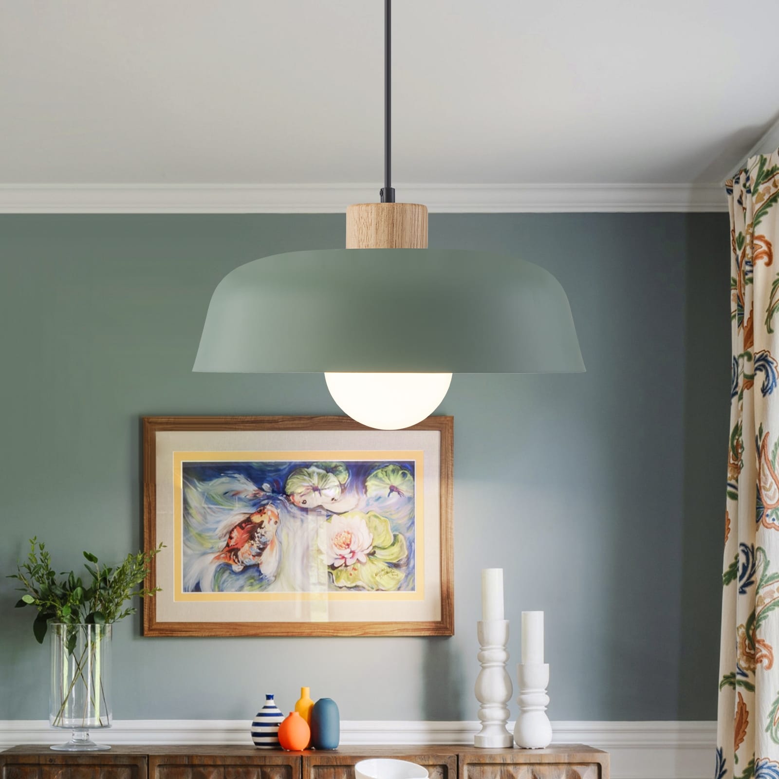 Modern 1 Light Green Dome Pendant Light With Decorative Wood Accent