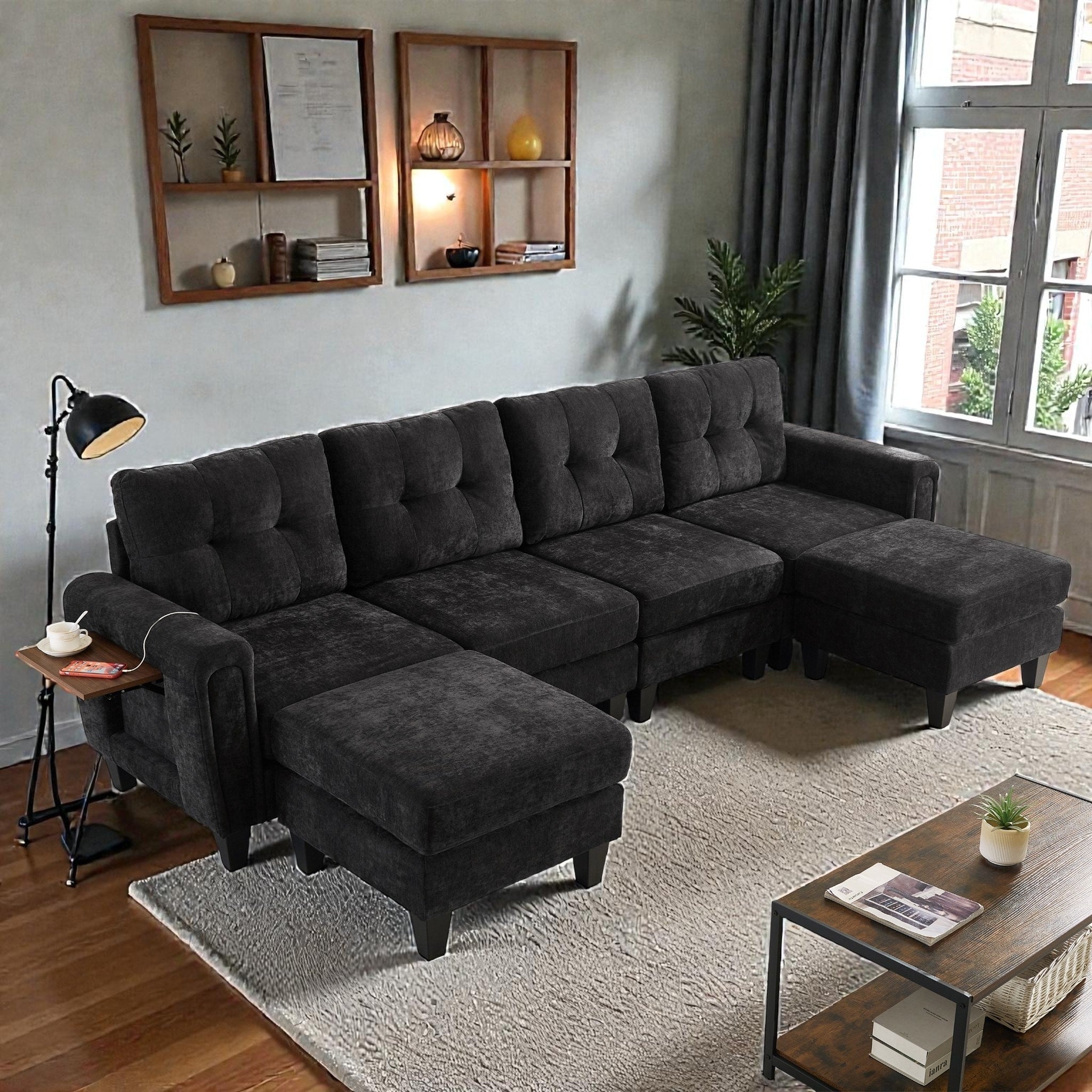 Modern 115 U Shaped Modular Sectional Sofa With 2 Ottomans Usb Charging Ports Foldable Side Tables Chenille Upholstery