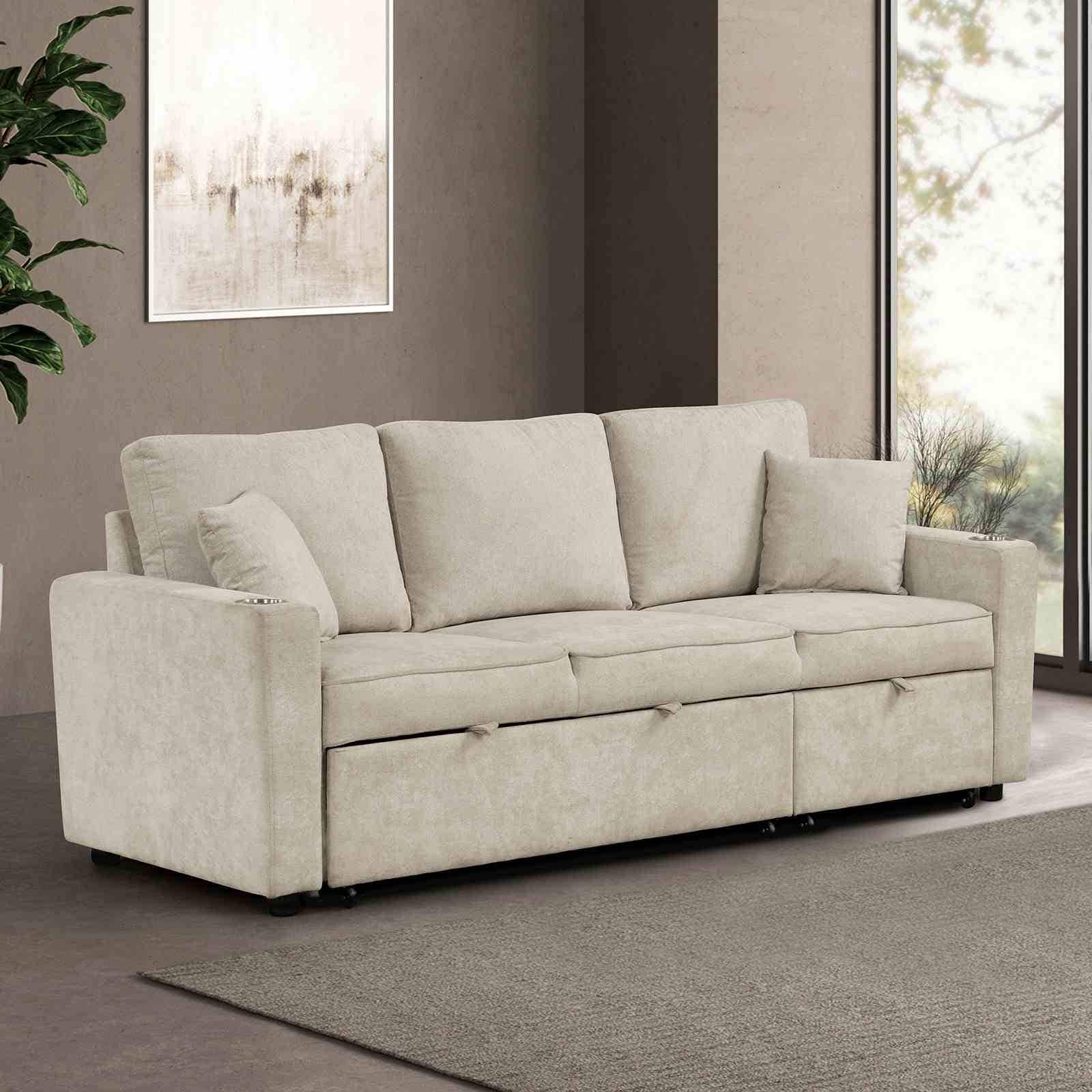 Modern 1Pc Beige Finish Pull Out Sleeper Loose Back Cushions Sofa