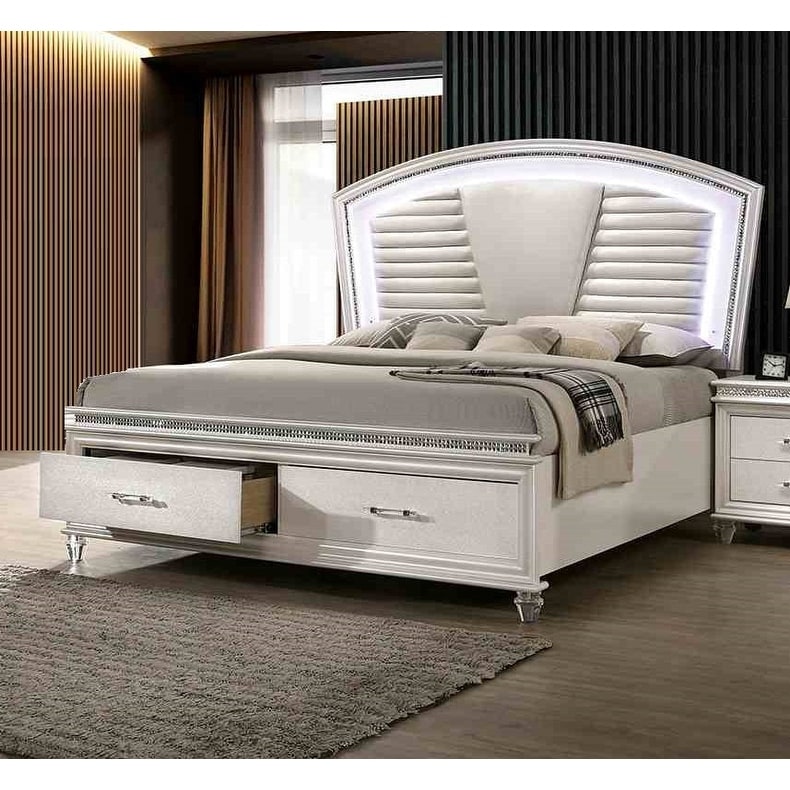 Modern 1Pc Pearl White Footboard Drawers Led Bed