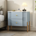 Modern 2 Drawer Fluted Nightstand Golden Metal Handles Legs Easy Assembly Bedside End Table Blue