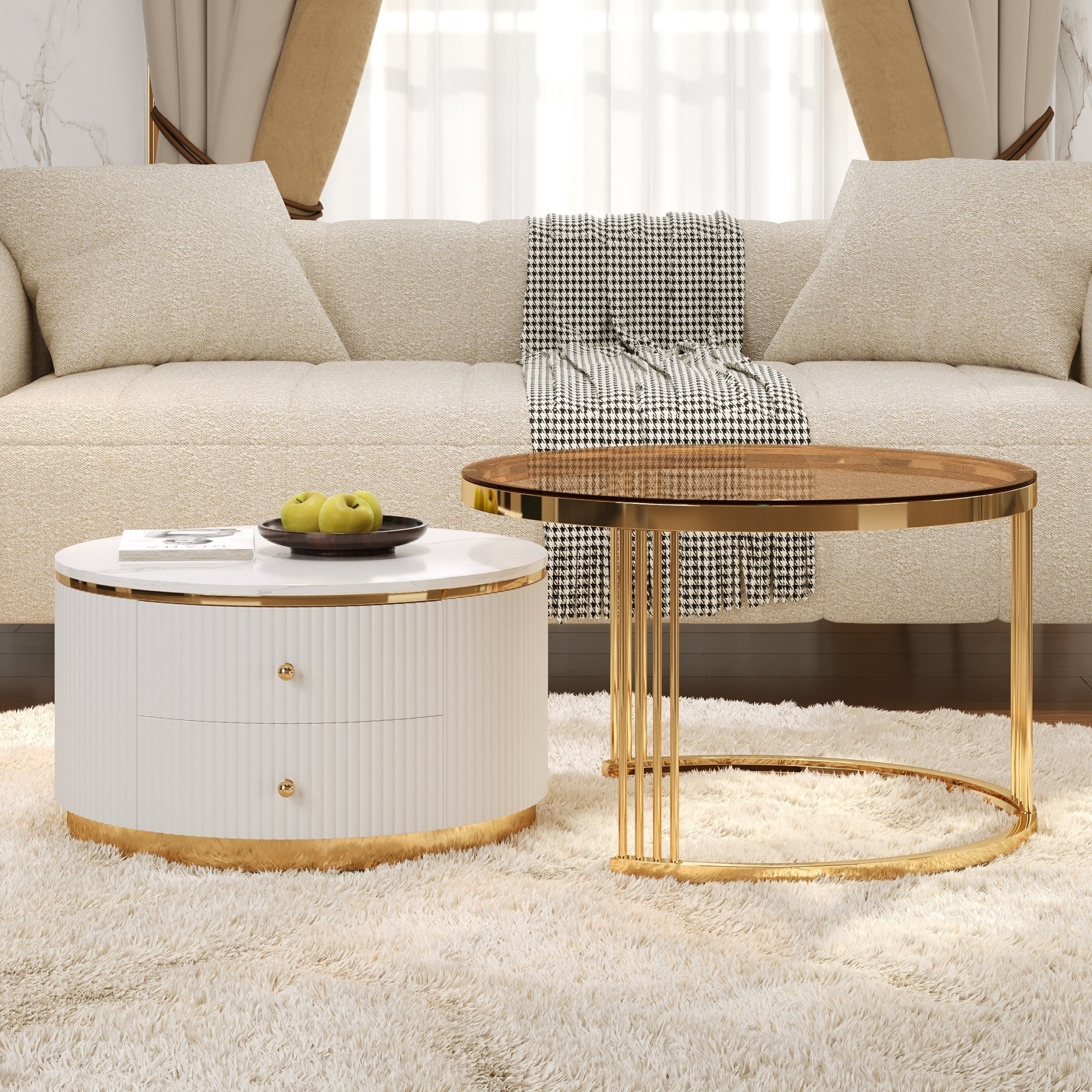 Modern 2 Pieces Round Nesting Coffee Table With Drawers And Brown Tempered Glass Top In 27.6