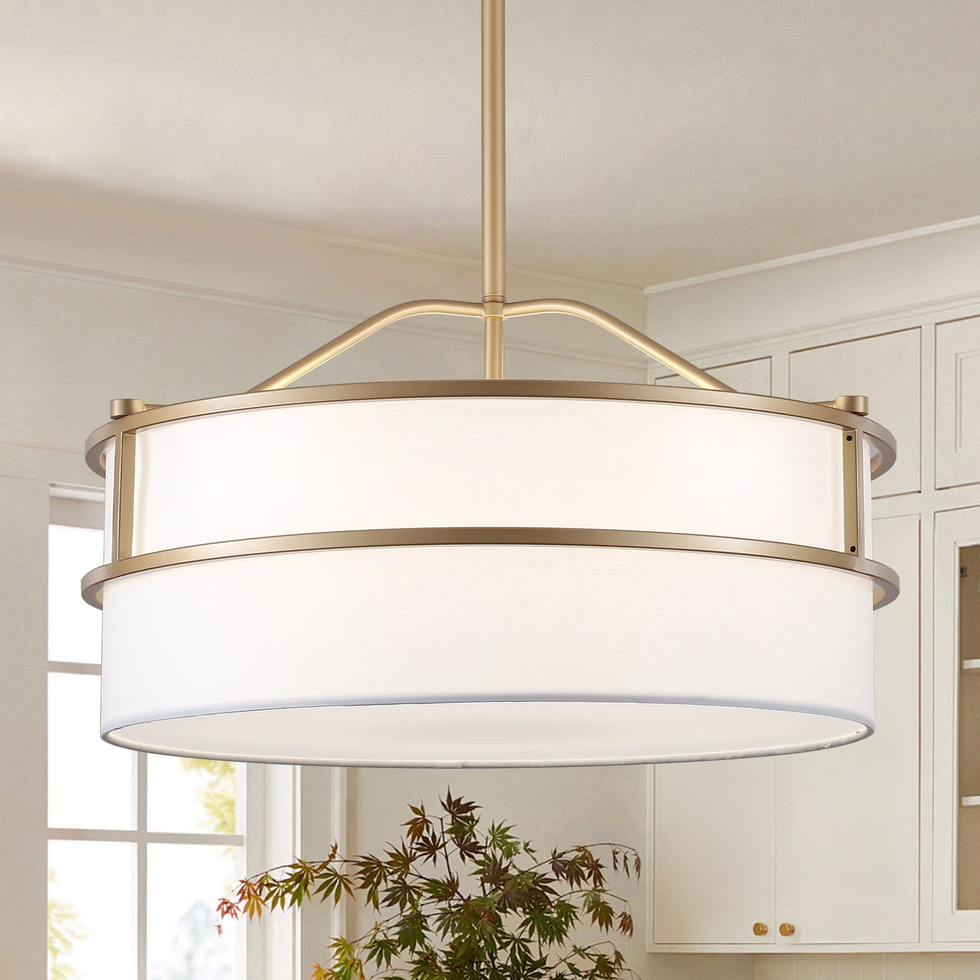 Modern 2 Tier Drum Pendant Light With White Fabric Shade For Dining Room Kitchen Island