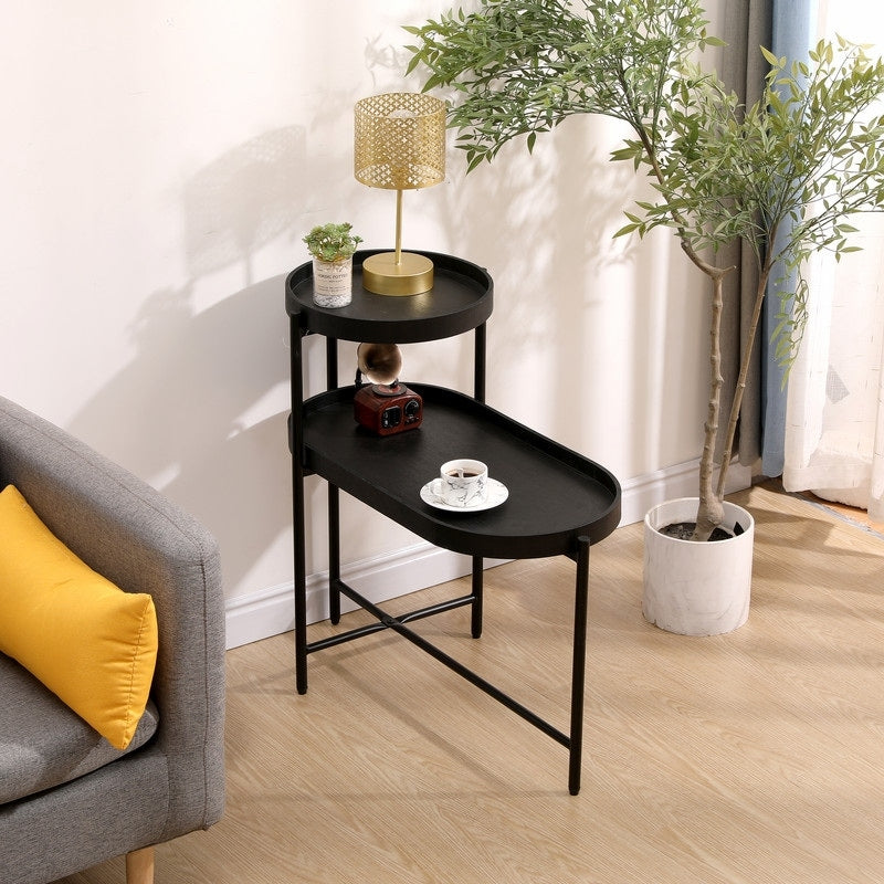 Modern 2 Tier Sofa Side Table With Storage Black Metal Frame Wooden Tray