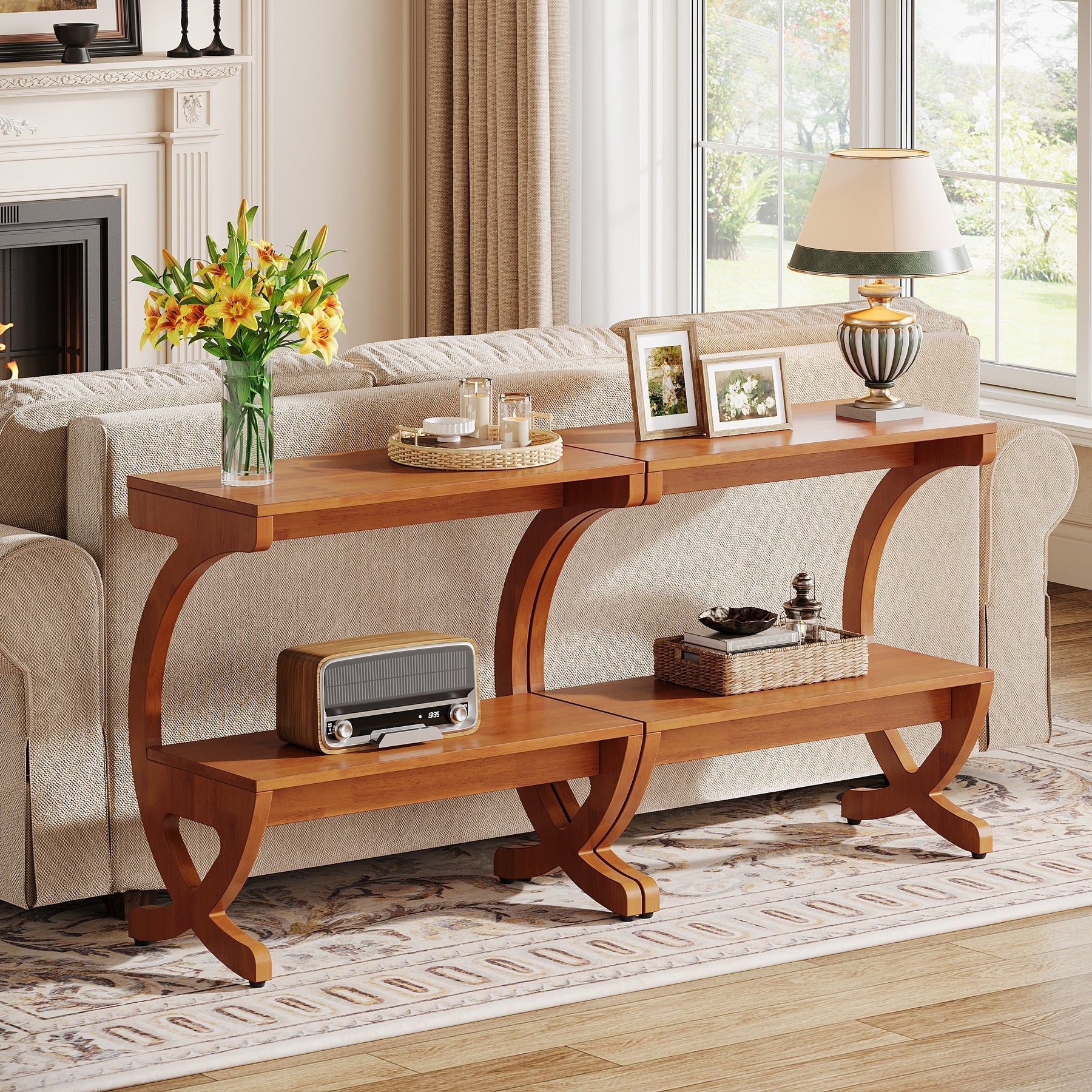 Modern 2 Tier Wood End Table With Curved Crossed Legs