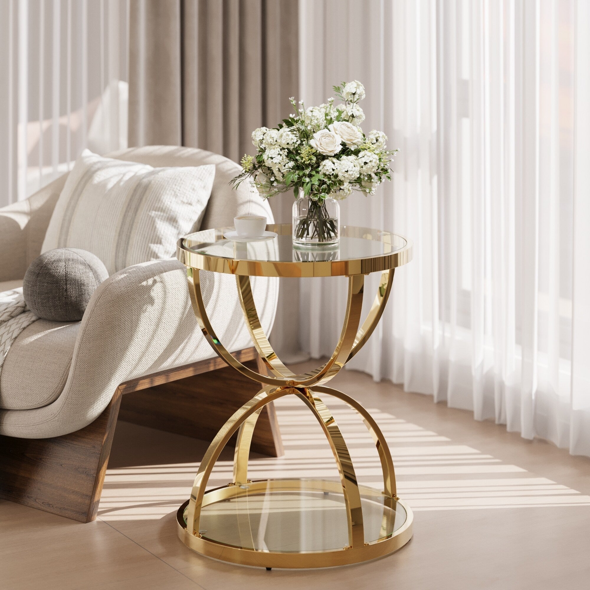 Modern 2 Tiers Glass Coffee Table With Ring Shaped Metal Frames