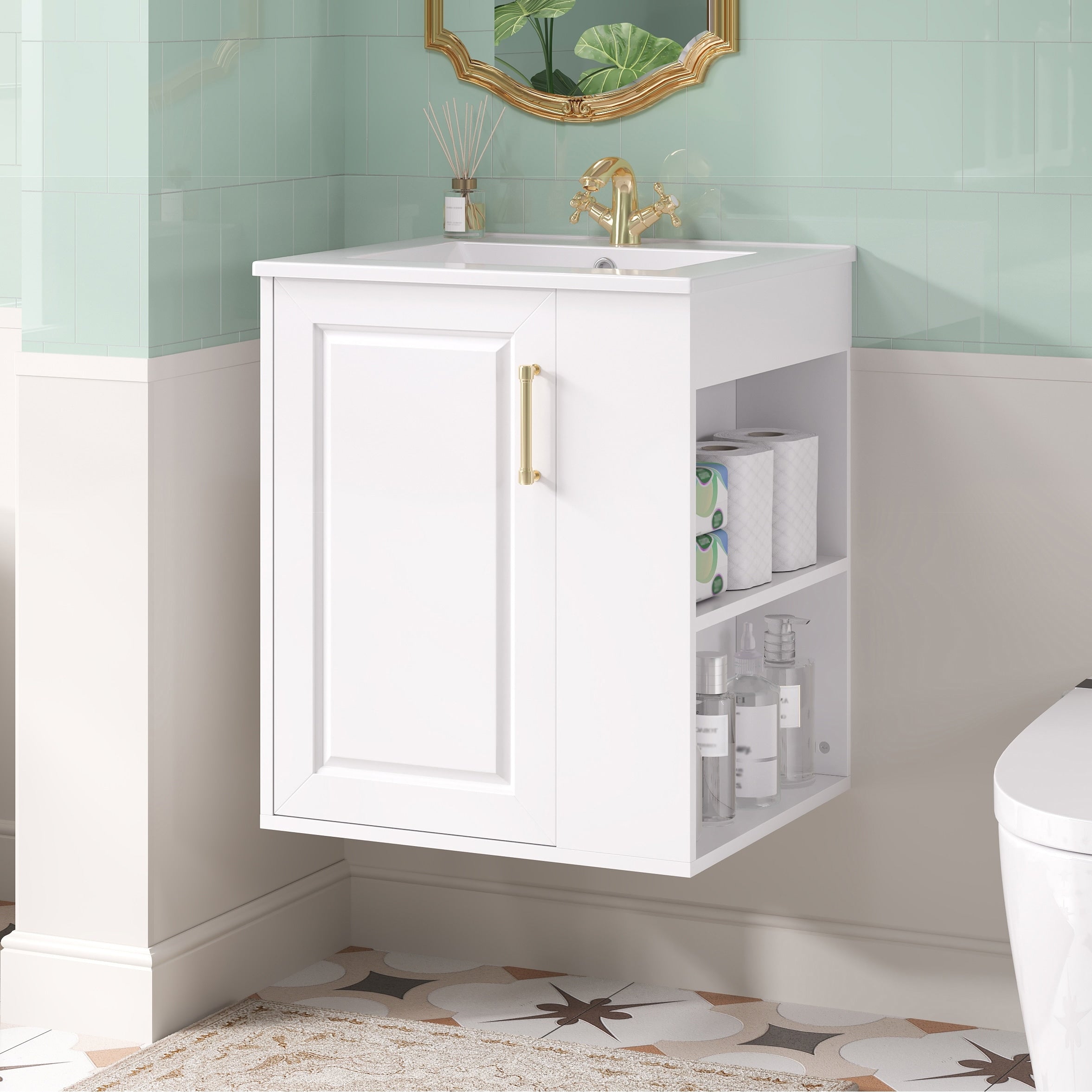 Modern 20 Wall Mounted Bathroom Vanity With Integrated Ceramic Sink Soft Closing Door And Side Storage Shelf By Gdfstudio