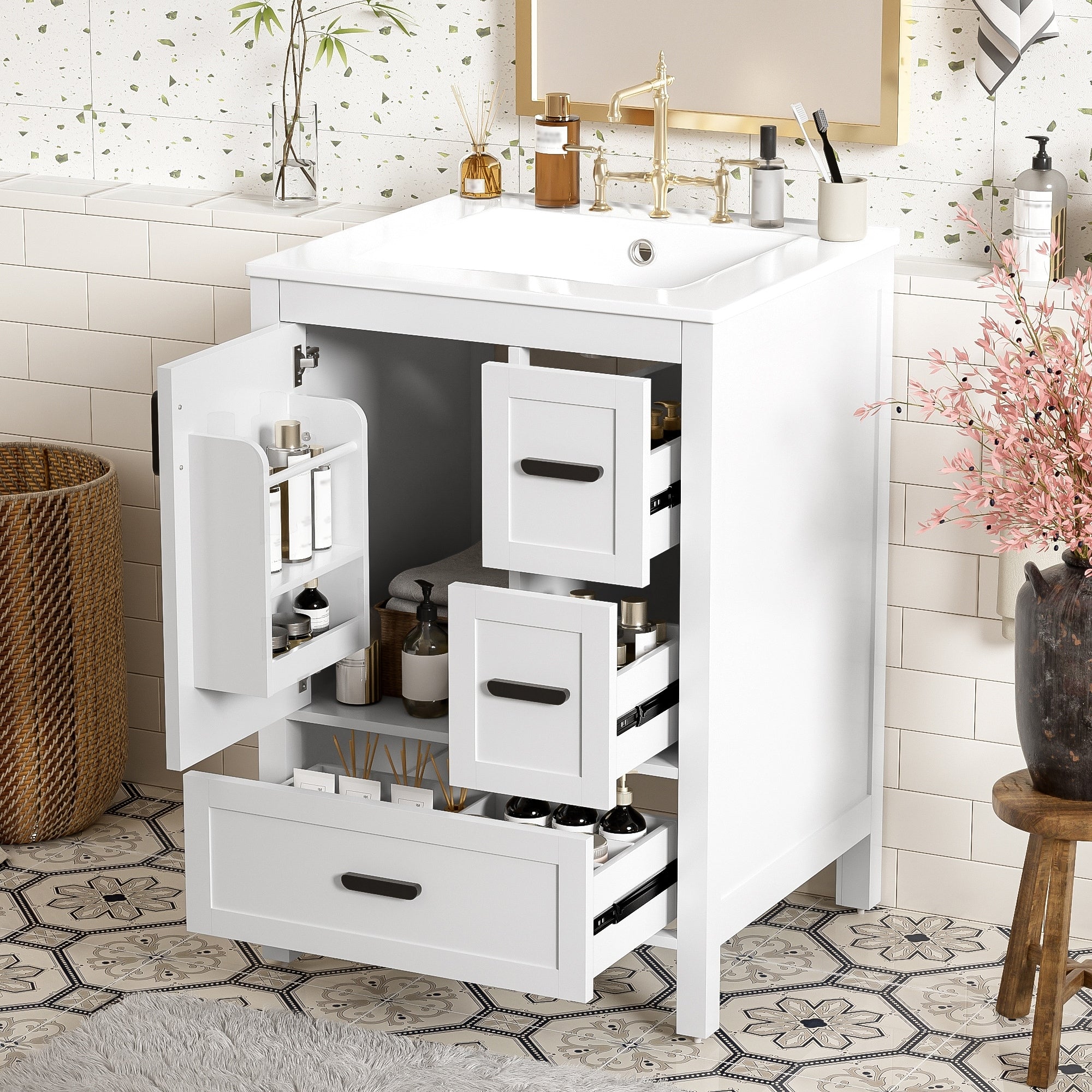 Modern 24 Inch Bathroom Vanity With Ceramic Sink Soft Close Door Double Layer Door Shelf And 3 Drawers