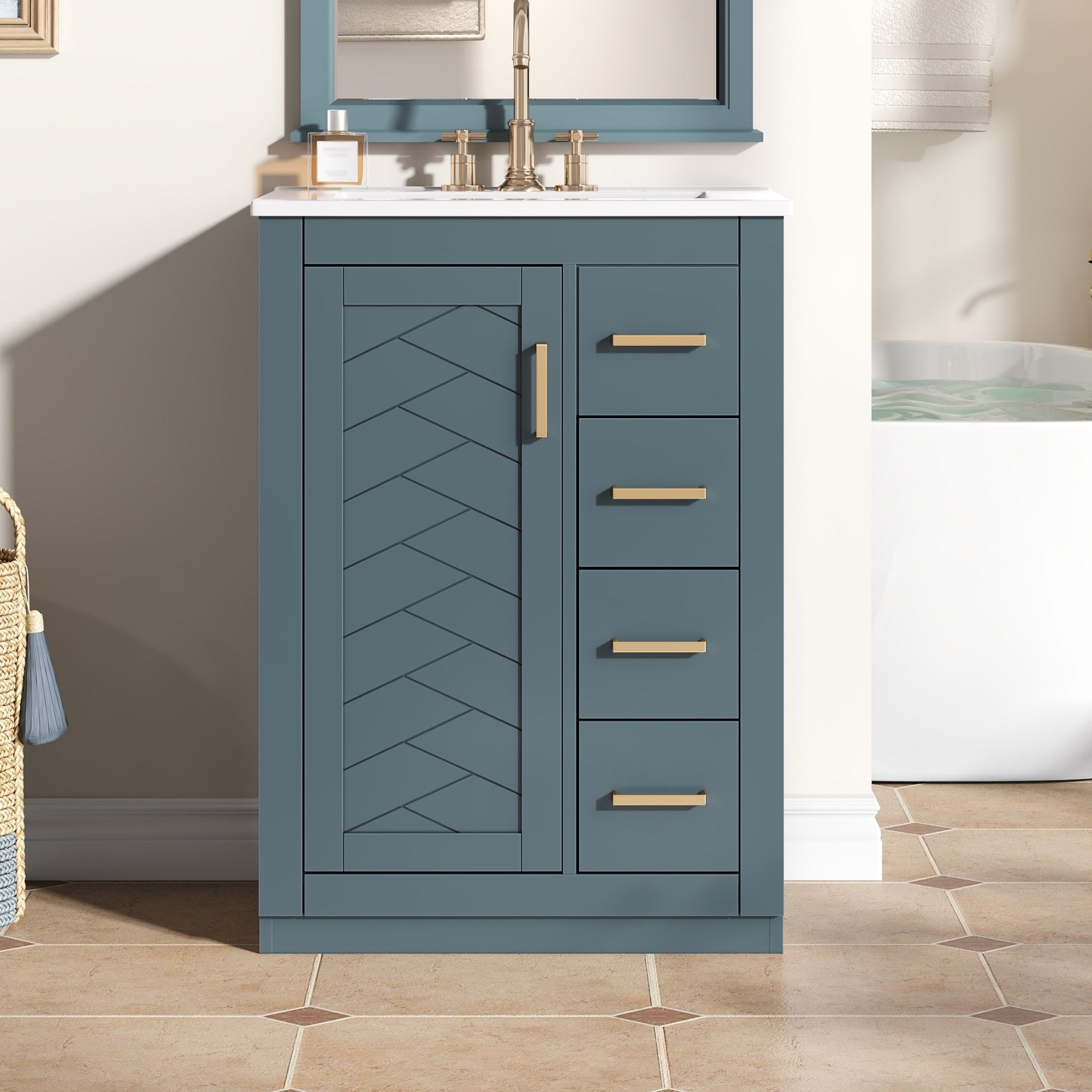 Modern 24 Bathroom Vanity With Integrated Ceramic Sink Single Door And Three Soft Close Slide Drawers Storage By Gdfstudio