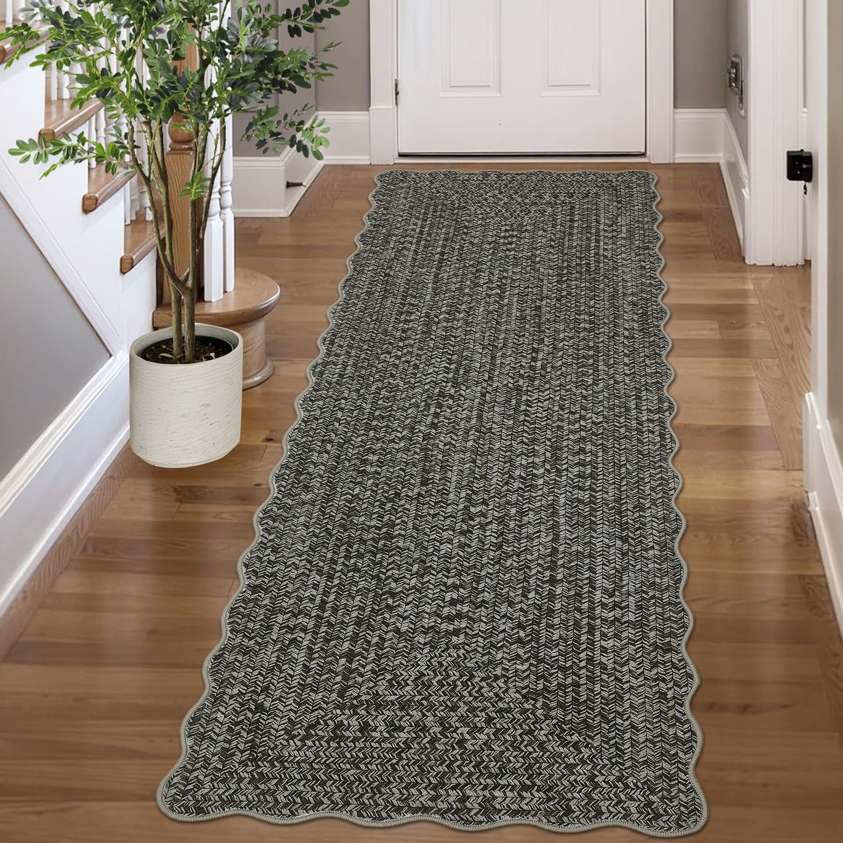 Modern 2X10Area Rug Scalloped Border Braided Print Low Pile Rug 23 X 12 Runner