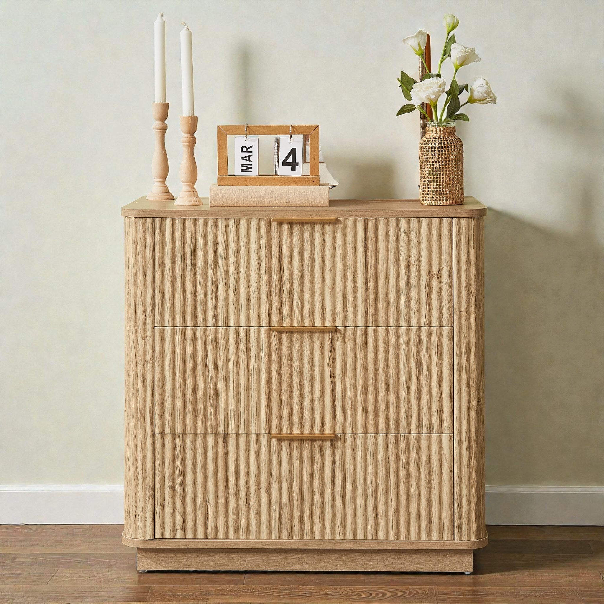 Modern 3 Drawer Dresser With Curved Wavy Panels 27.56 Inch Wide Chest Of Drawers Nightstand For Bedroom