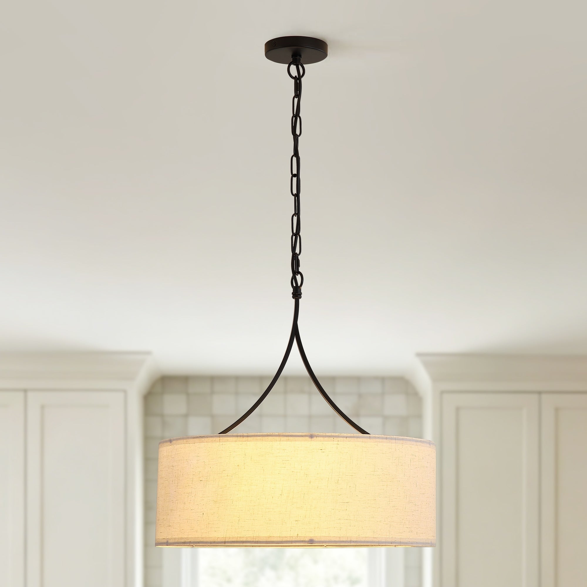 Modern 3 Light Fabric Pendant Light Black Adjustable Drum Chandelier Matte Black Fabric Shade Ceiling Light Fixture