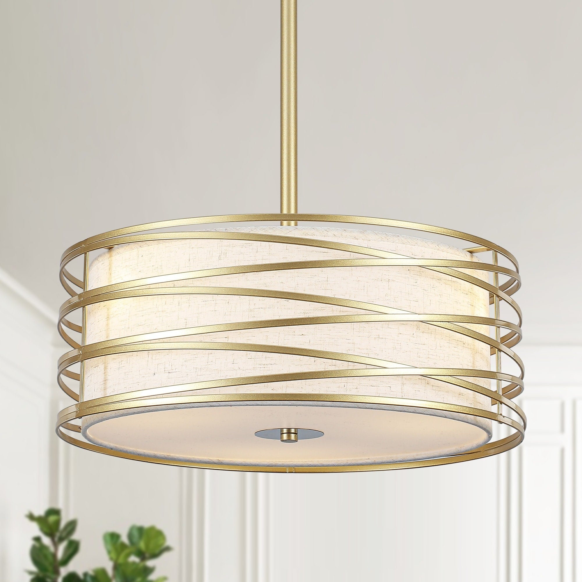 Modern 3 Light Metal Spiral Frame Drum Pendant Light With Fabric Shade For Kitchen Island