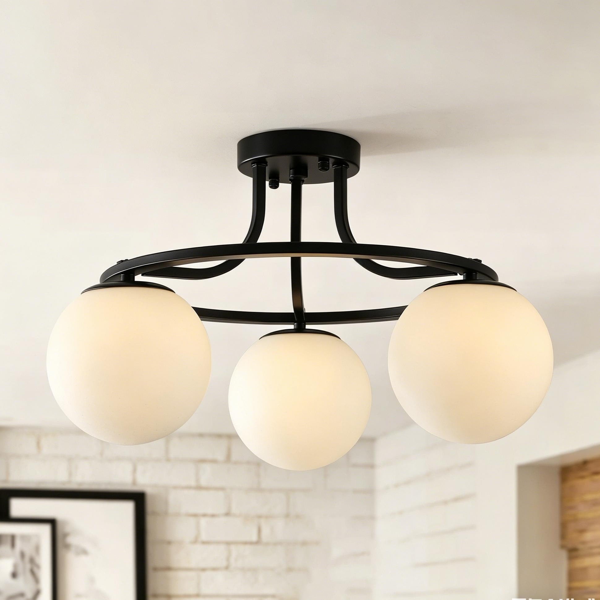 Modern 3 Light Semi Flush Mount Close To Ceiling Light With Milk White Glass Shades