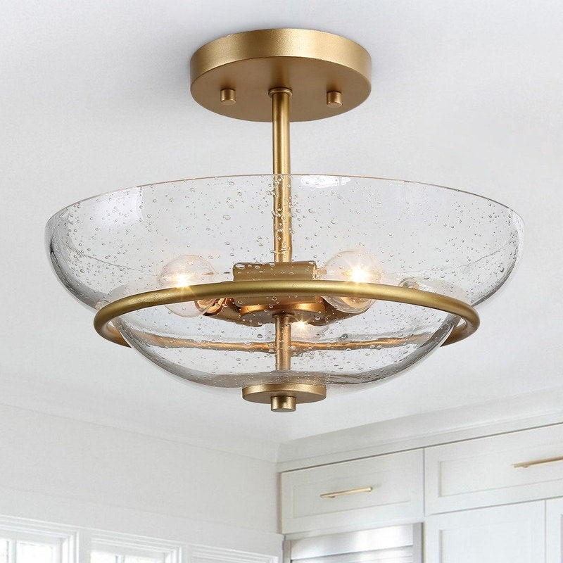 3 Lights Gold Flush Mount Light With Seeded Glass Shade W12 X H9