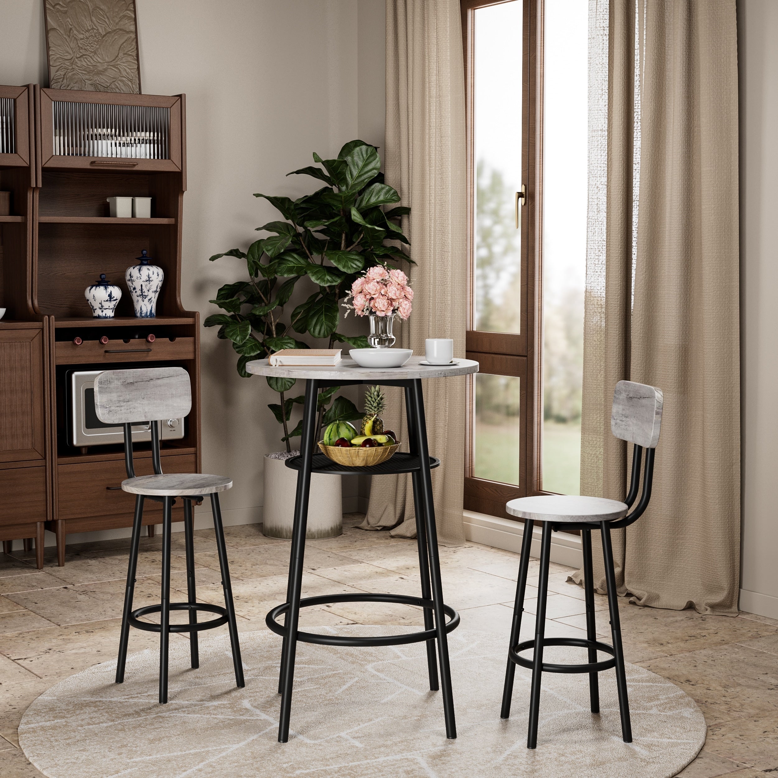 Modern 3 Piece Bar Table Set With 2 Bar Stools Storage Shelf