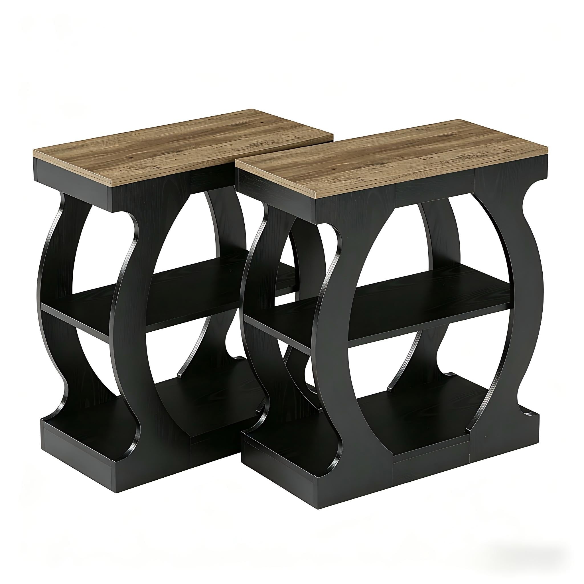 Modern 3 Tier Narrow Nightstand With Curved Frame Rustic Oak Black