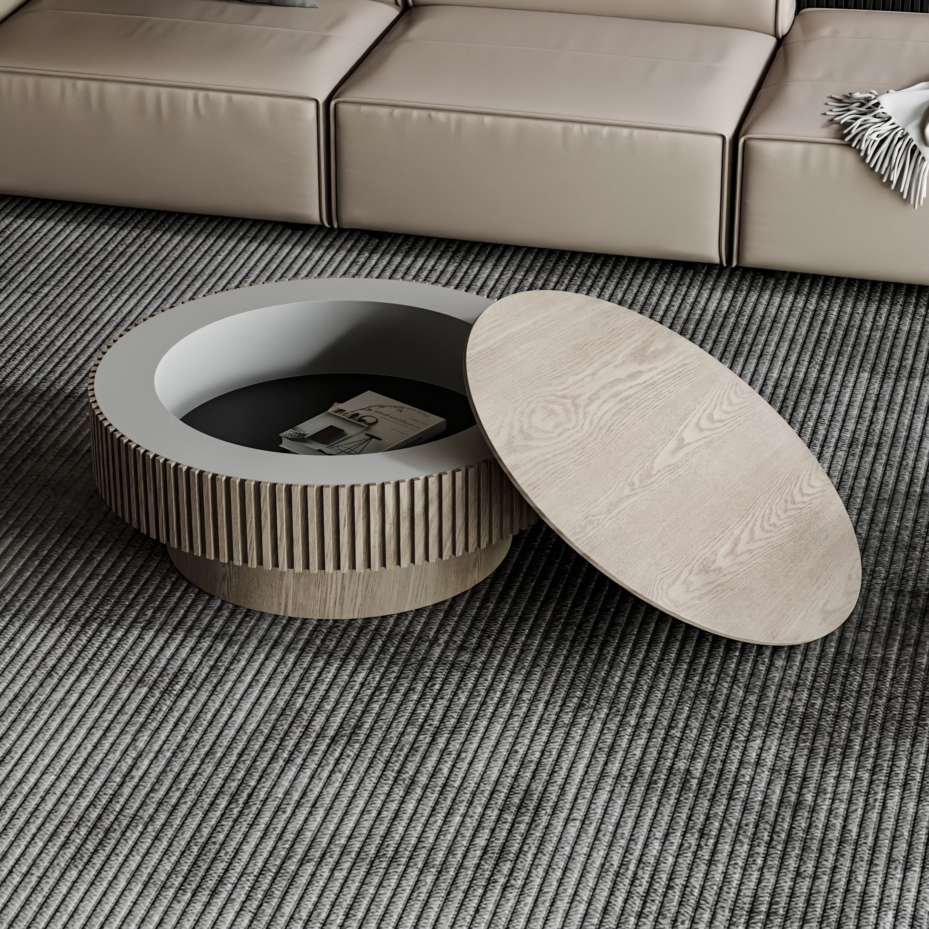 Modern 31.5 Round Coffee Table With Storage Solid Wood Veneer For Living Room And Bedroom Use