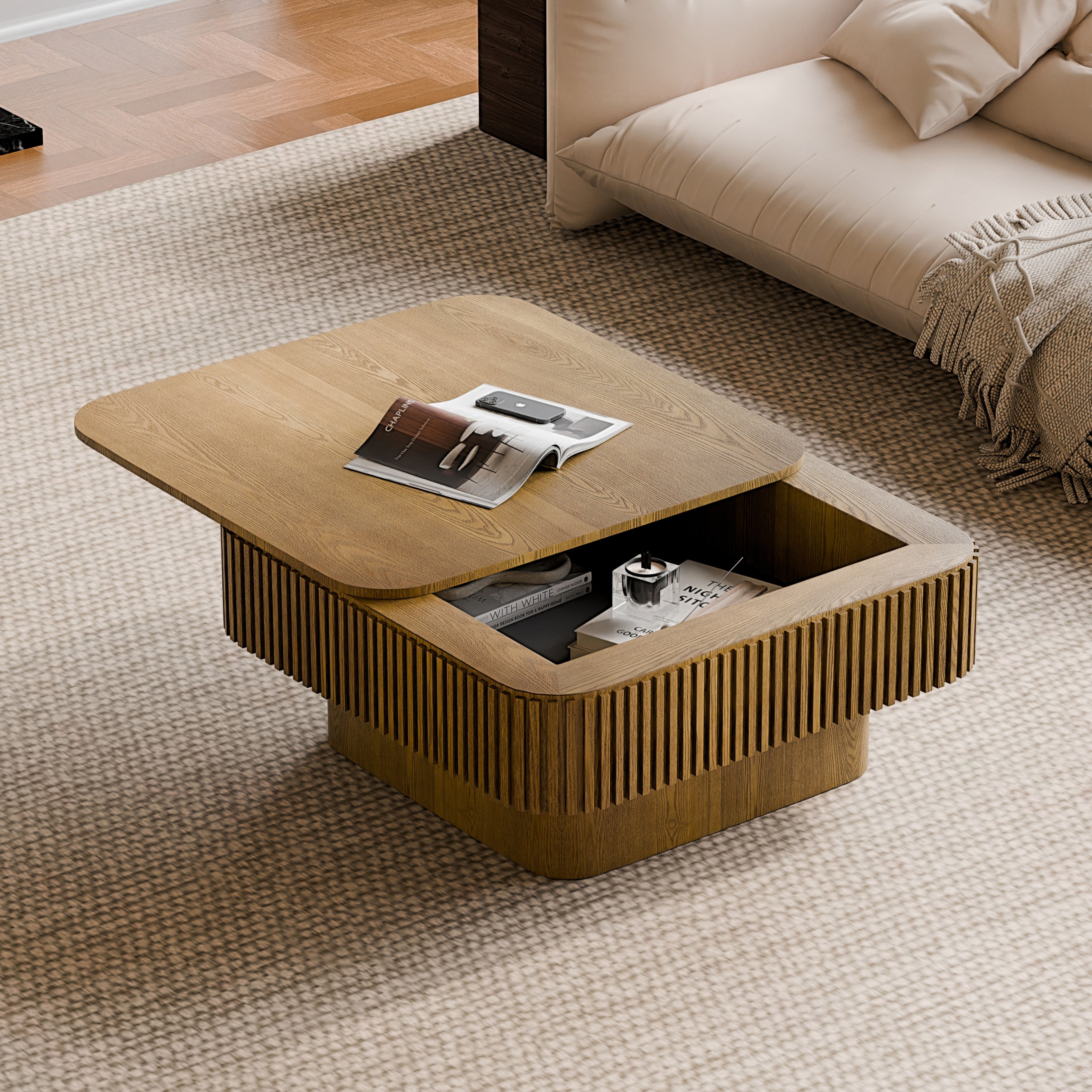 Modern 31.5 Square Coffee Table With Storage Solid Wood Veneered Accent Table For Living Room Or Bedroom