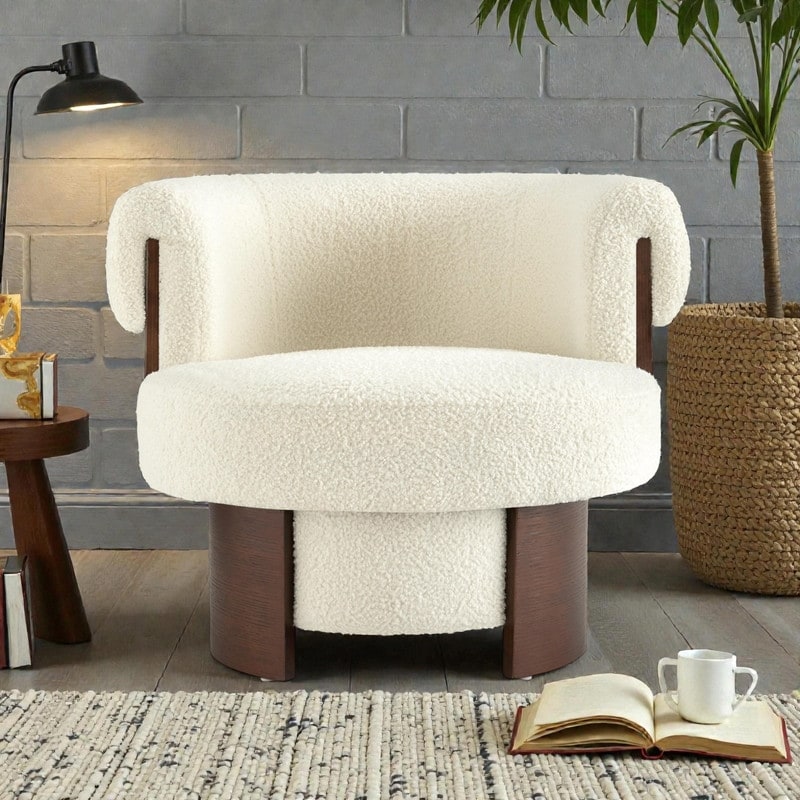 Modern 32 Curved Sculptural Swivel Barrel Chair 360 Swivel Base Upholstered Accent Chair