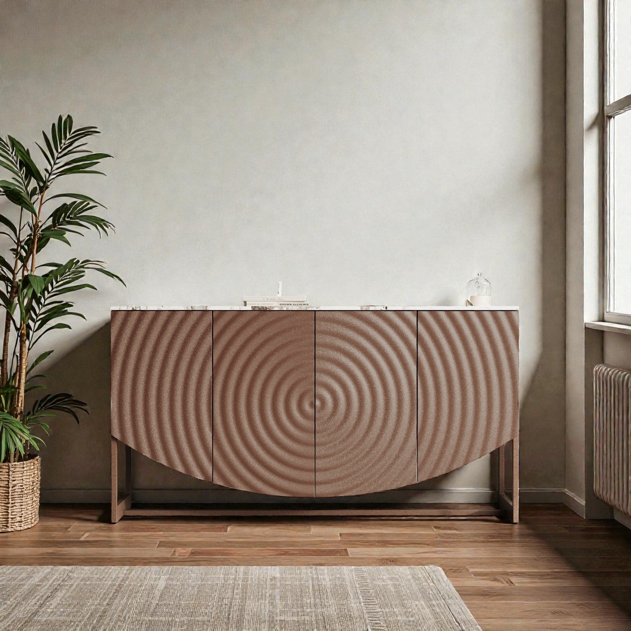 Modern 3D Wave Sideboard Buffet Cabinet Marble Look Top Storage Console For Living Room And Dining Room