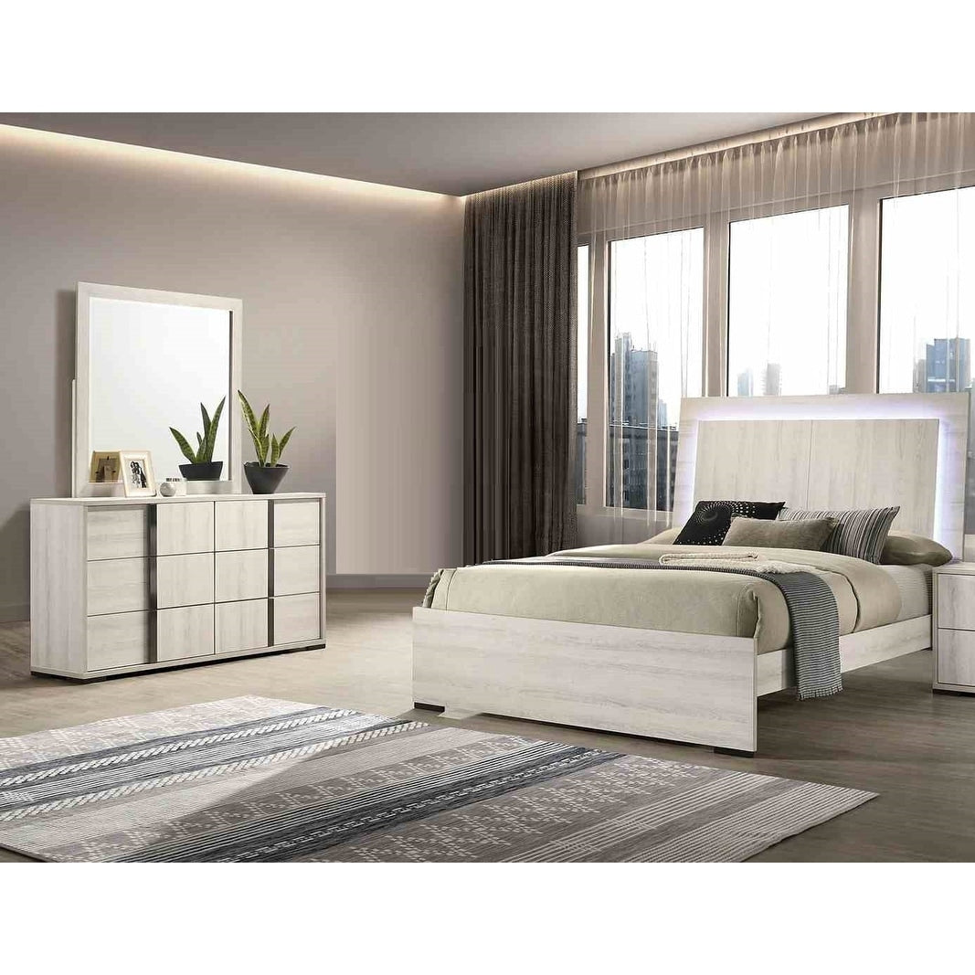 Modern 3Pc Led Bed Dresser Mirror Antique White Finish Bedroom Set