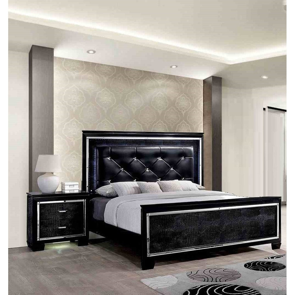 Modern 3Pc Black Finish Solid Wood Tufted Led Bedroom Set