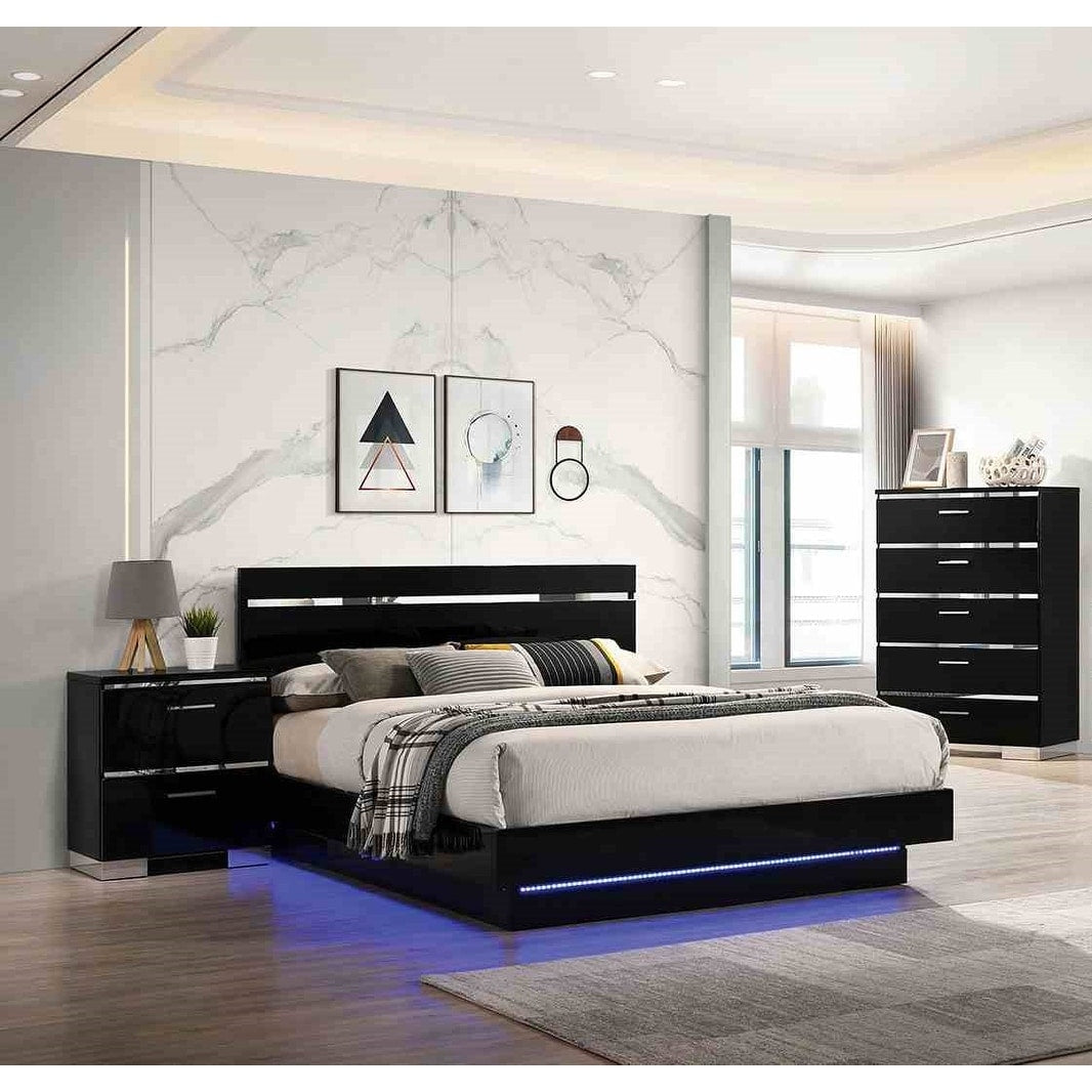 Modern 3Pc Black Led Bed Nightstand Chest Low Profile Bedroom Set